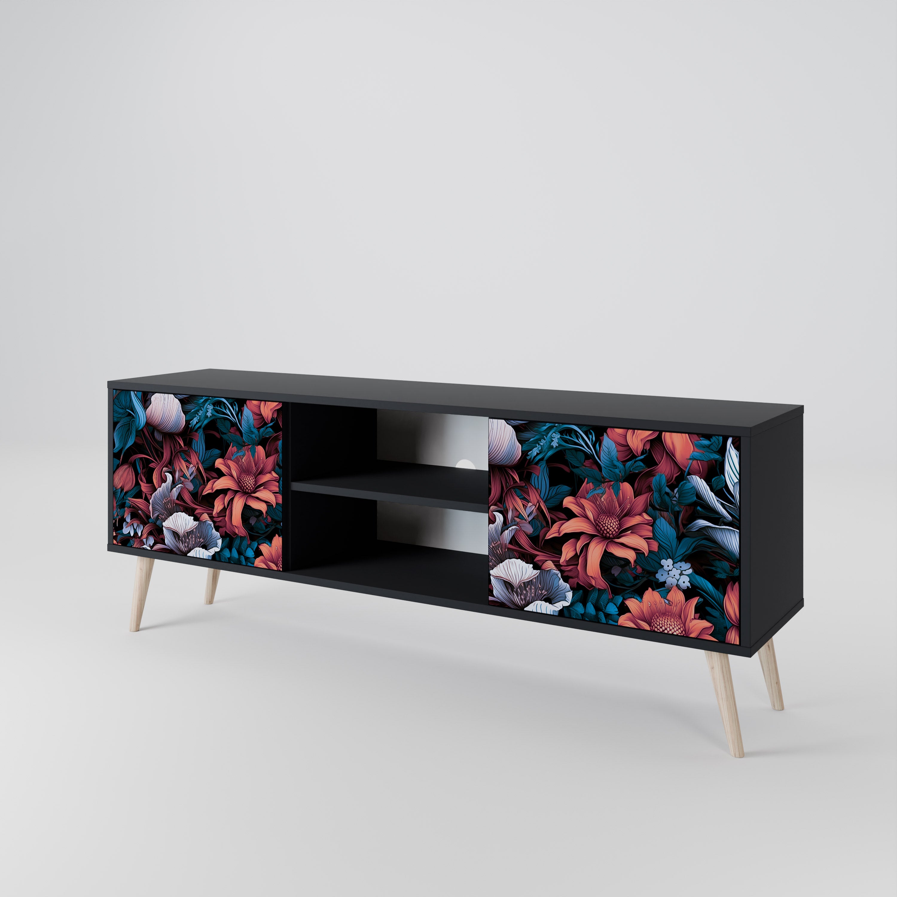 Mueble de TV de dos puertas ETHEREAL BLOSSOMS con acabado negro