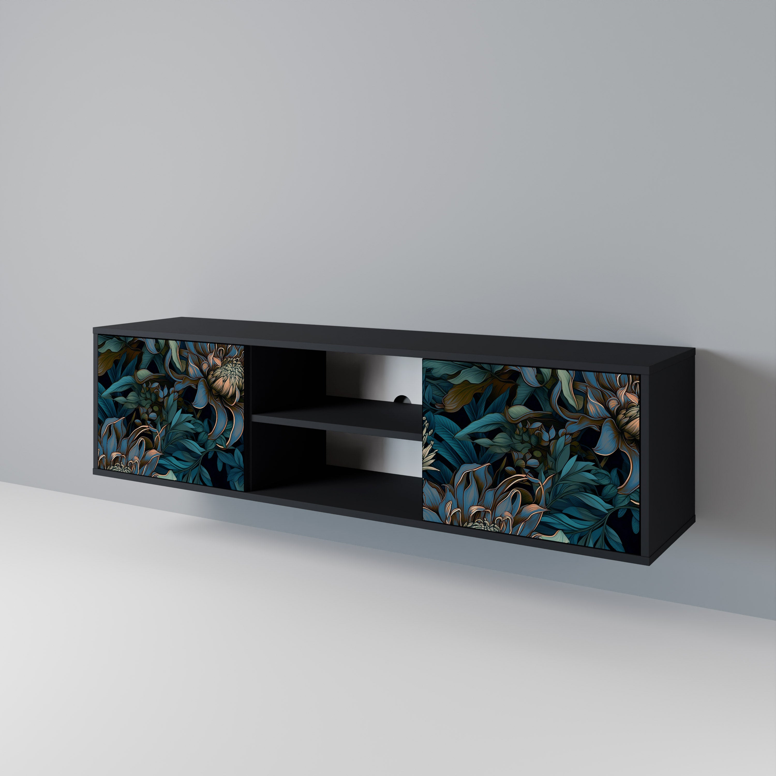 Mueble de TV de 2 puertas TWILIGHT BLOOM con acabado negro