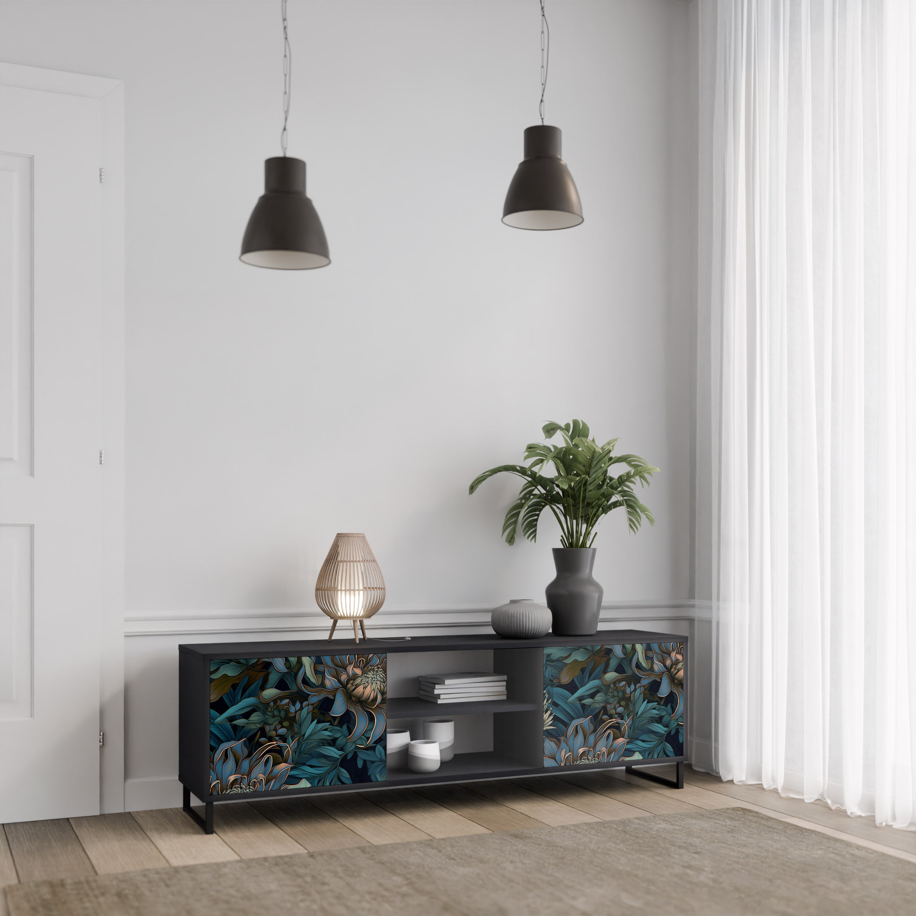 Mueble de TV de 2 puertas TWILIGHT BLOOM con acabado negro