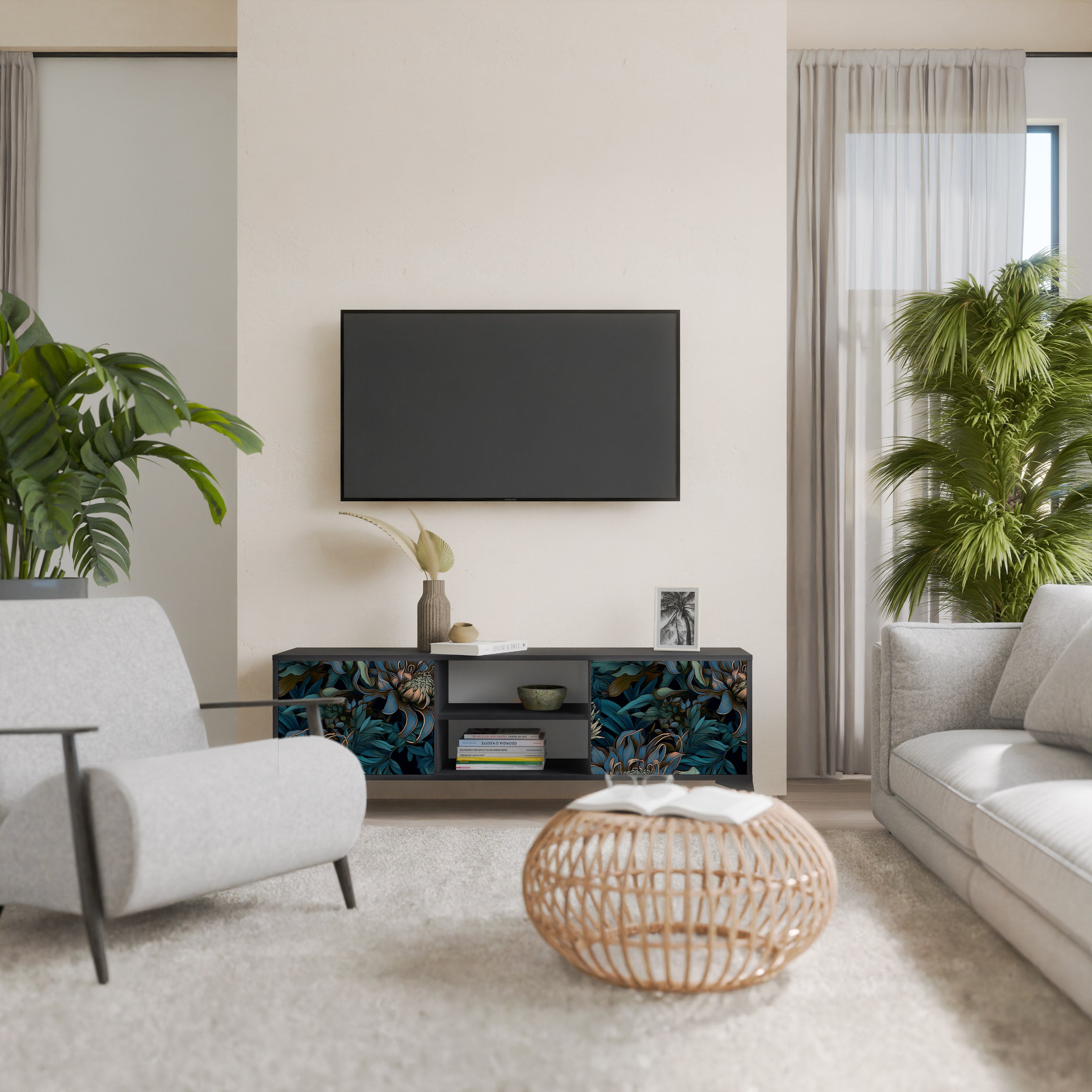 Mueble de TV de 2 puertas TWILIGHT BLOOM con acabado negro
