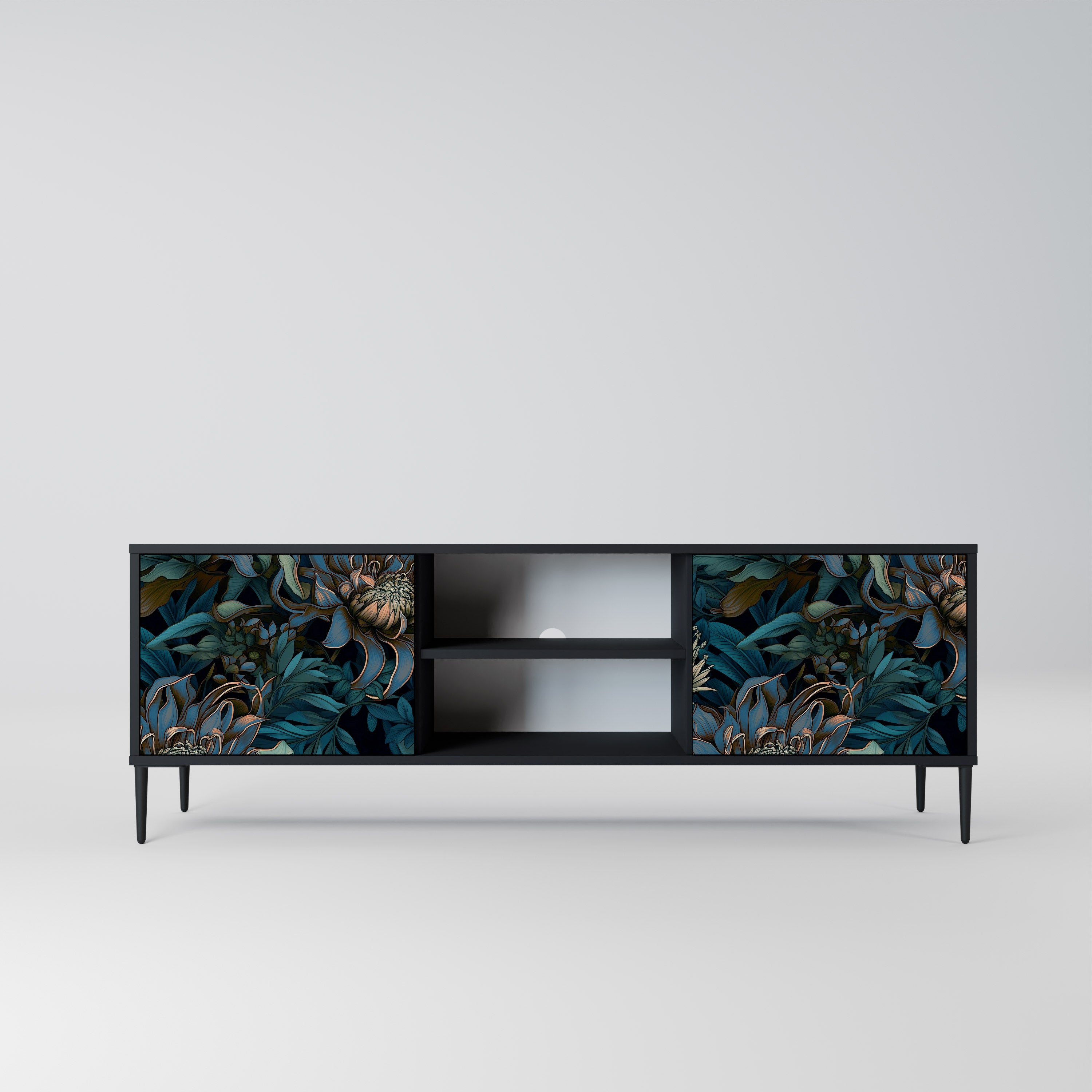 Mueble de TV de 2 puertas TWILIGHT BLOOM con acabado negro