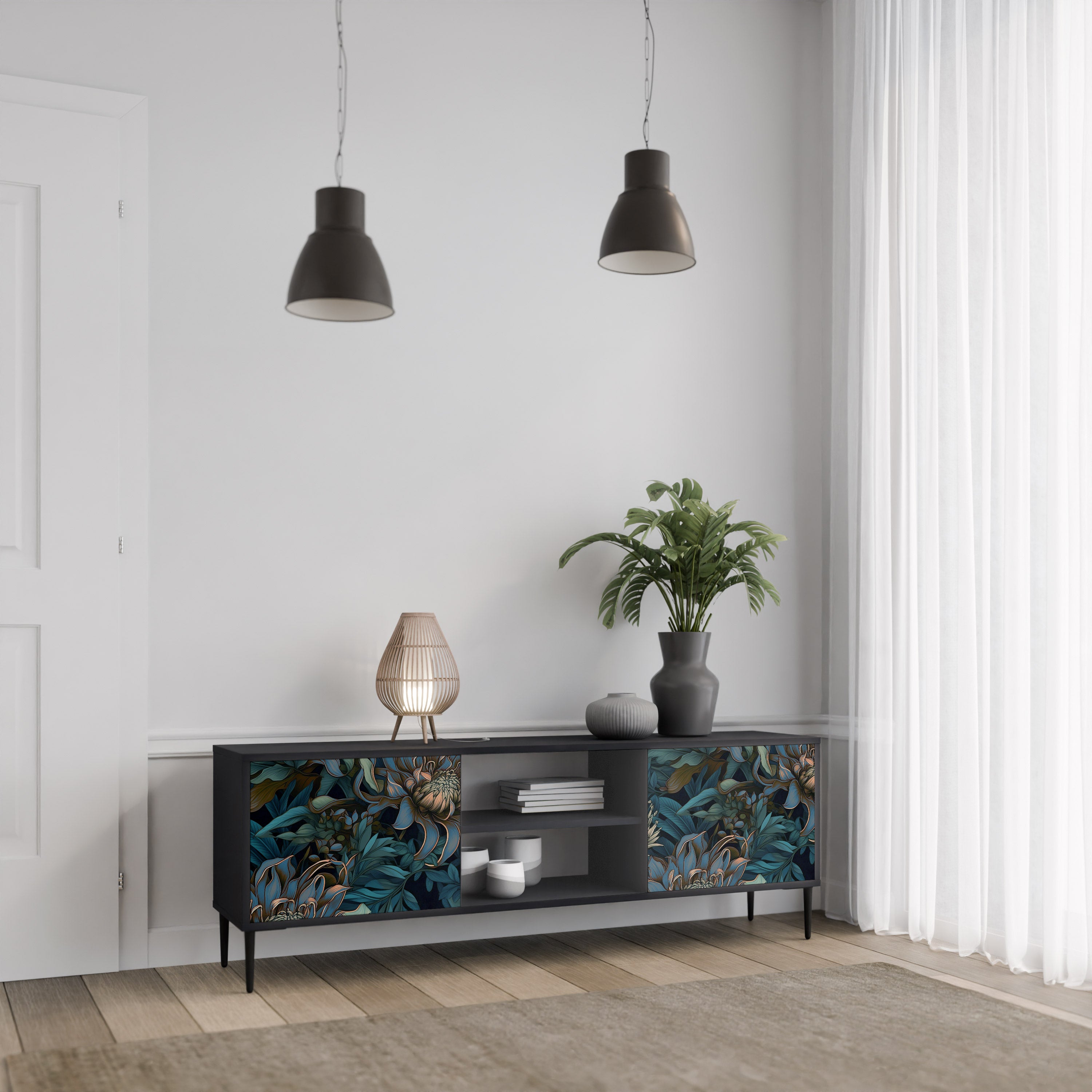 Mueble de TV de 2 puertas TWILIGHT BLOOM con acabado negro