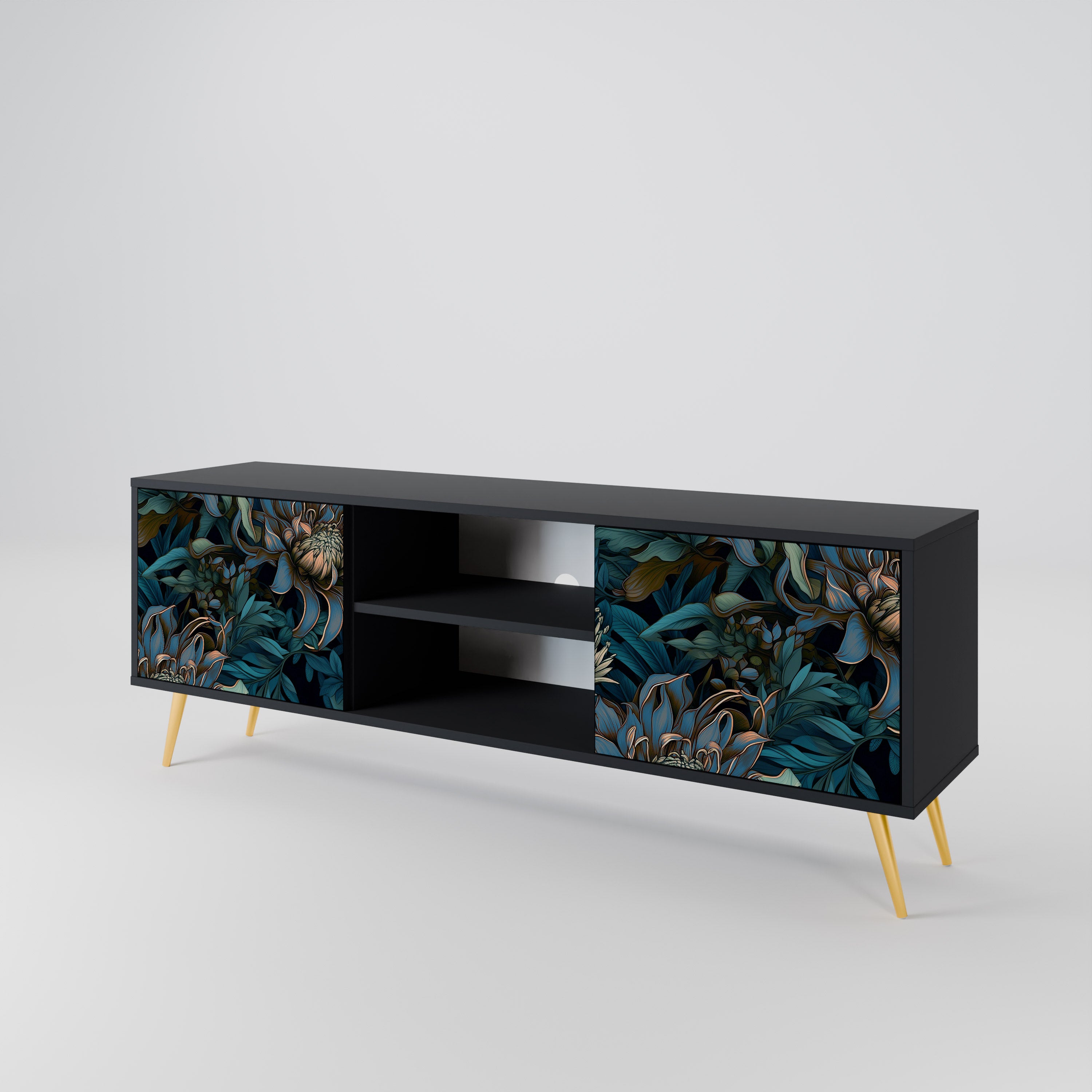 Mueble de TV de 2 puertas TWILIGHT BLOOM con acabado negro