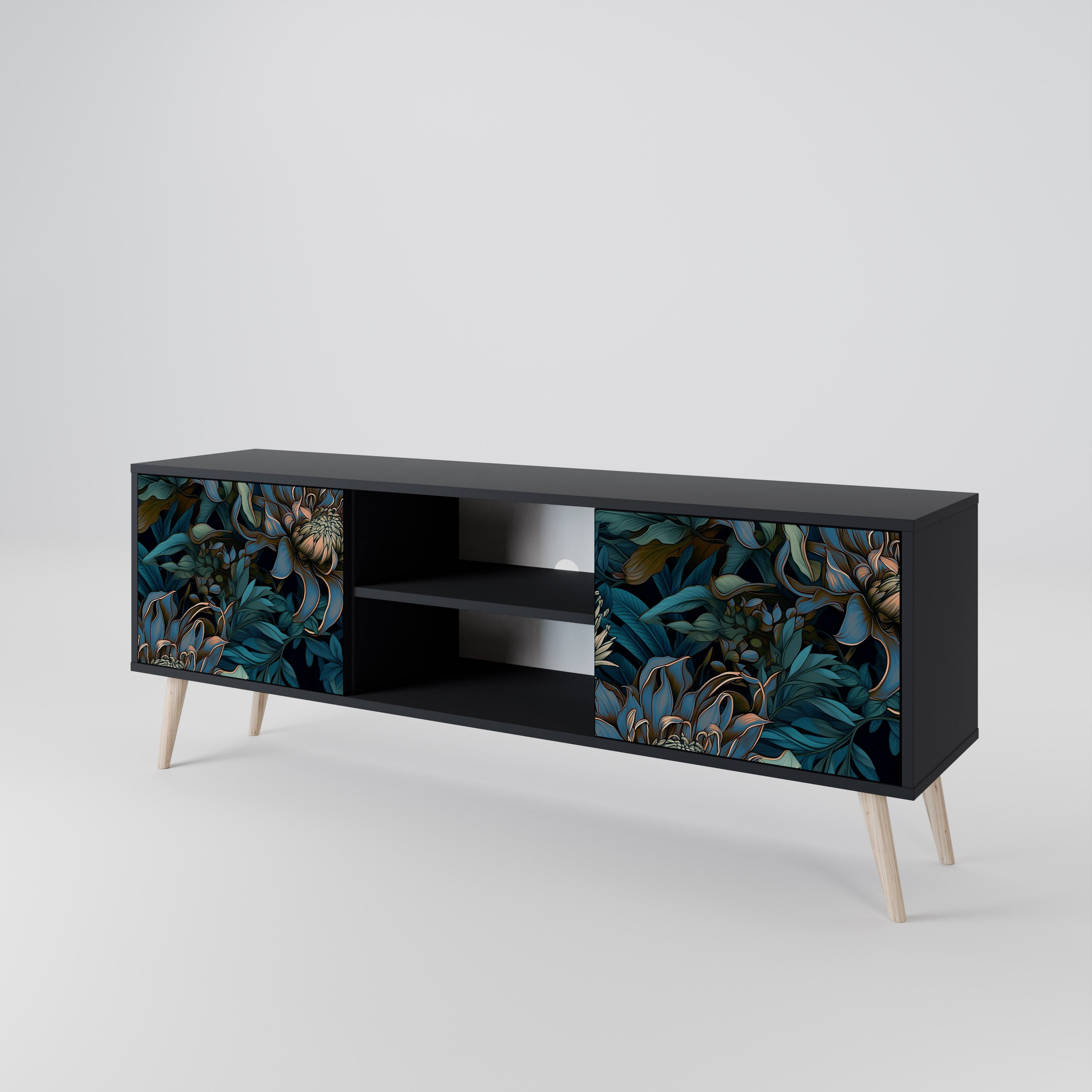 Mueble de TV de 2 puertas TWILIGHT BLOOM con acabado negro