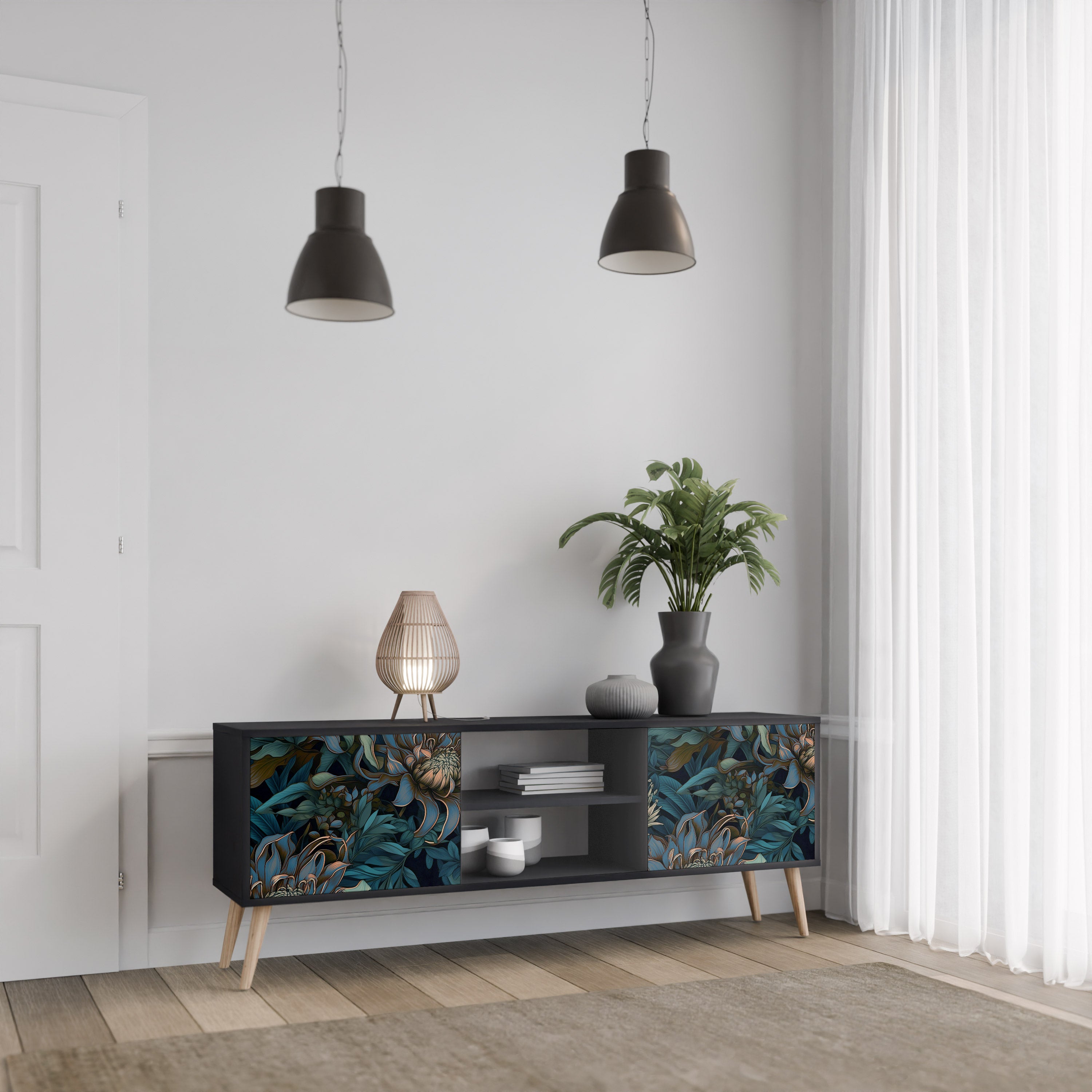 Mueble de TV de 2 puertas TWILIGHT BLOOM con acabado negro