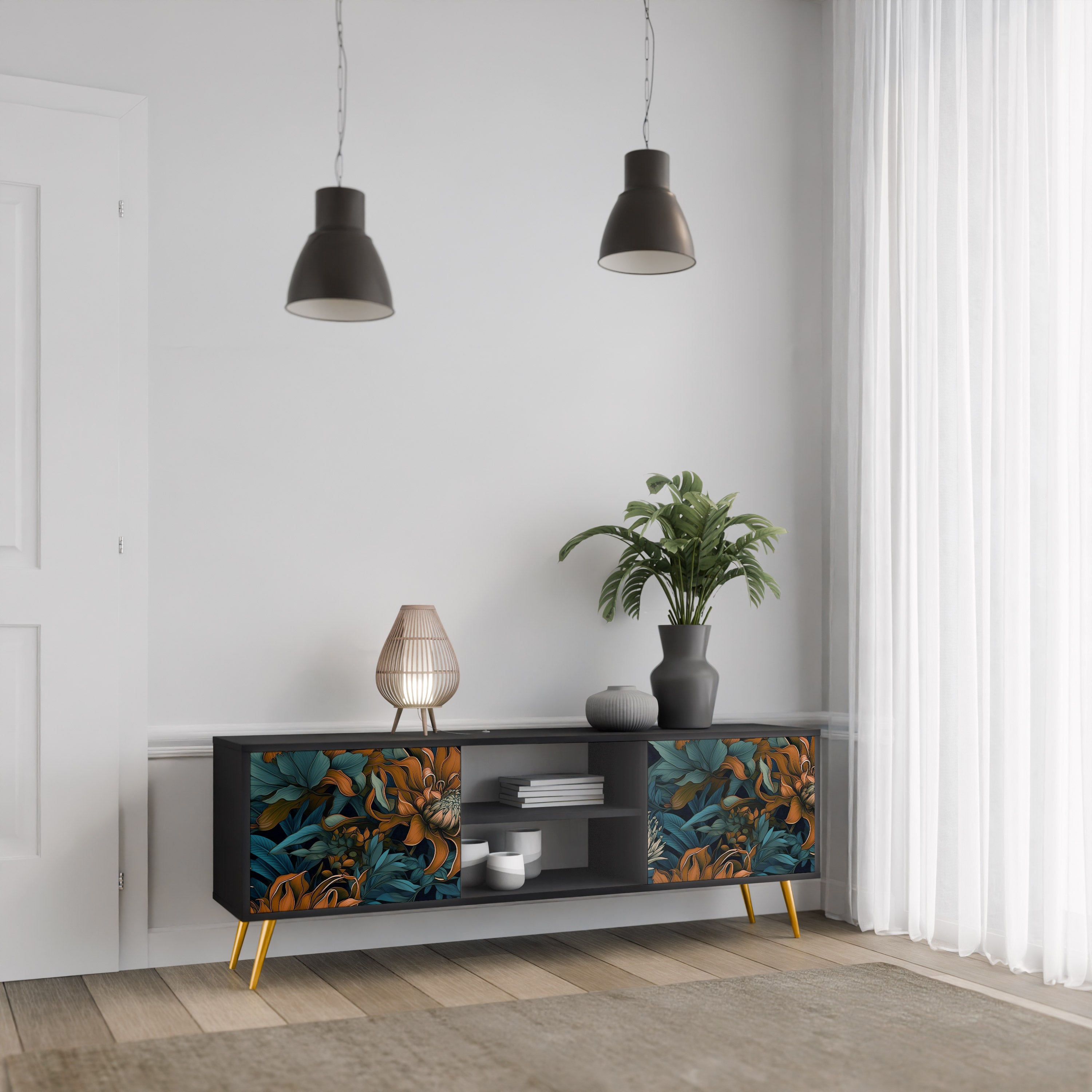 Mueble de TV de 2 puertas MORNING BLOOM en acabado negro