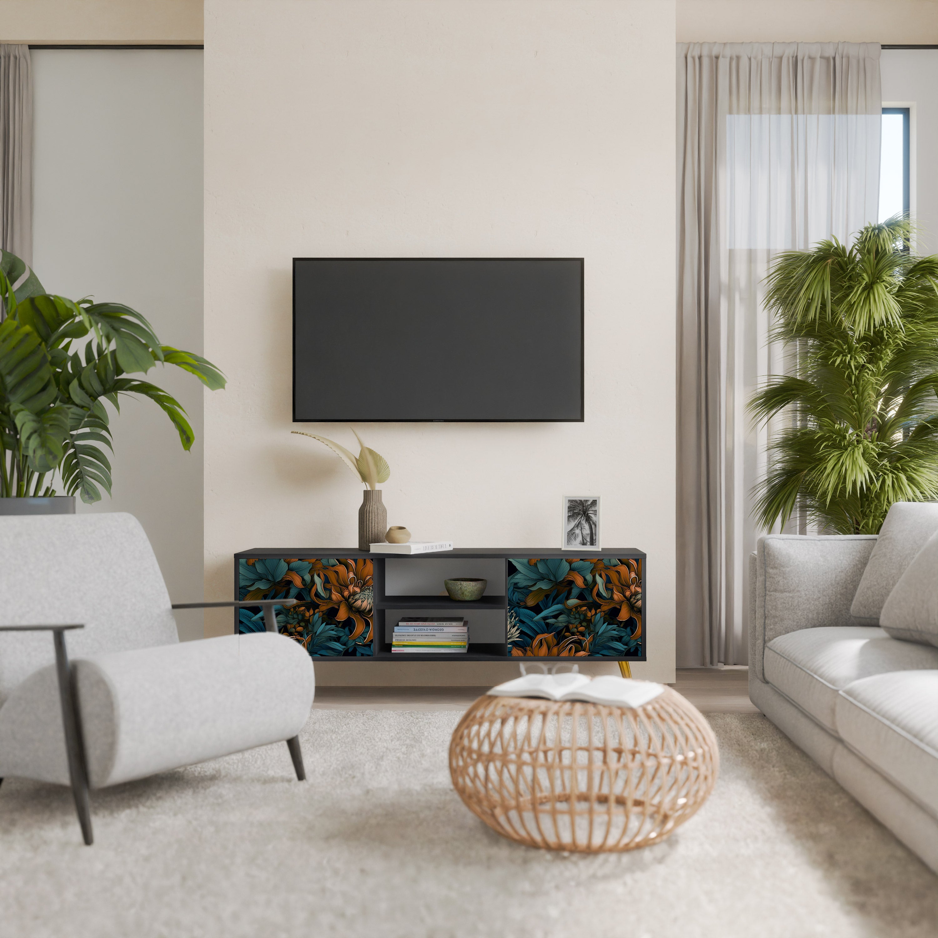 Mueble de TV de 2 puertas MORNING BLOOM en acabado negro