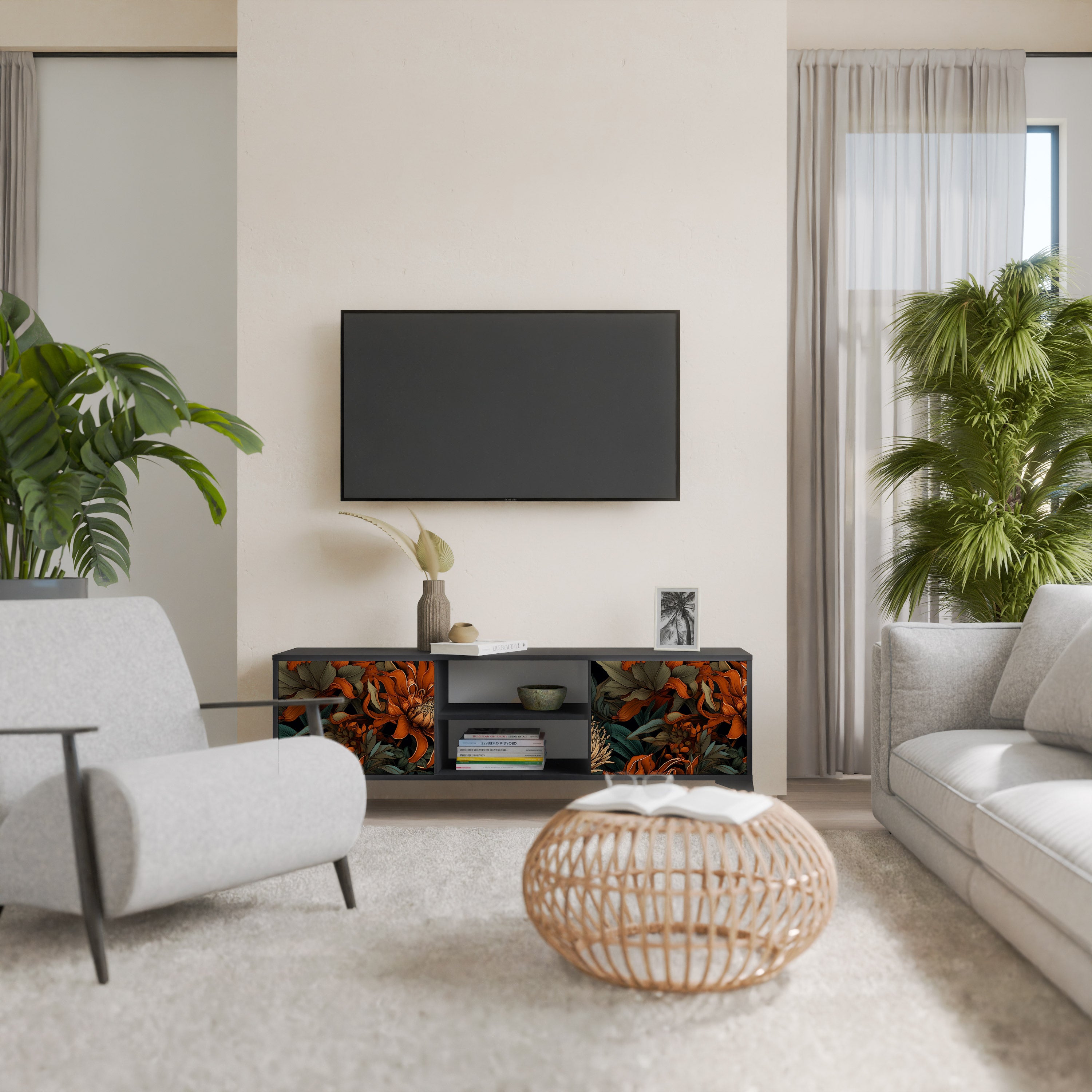 Mueble de TV de 2 puertas DAWN BLOOM con acabado negro