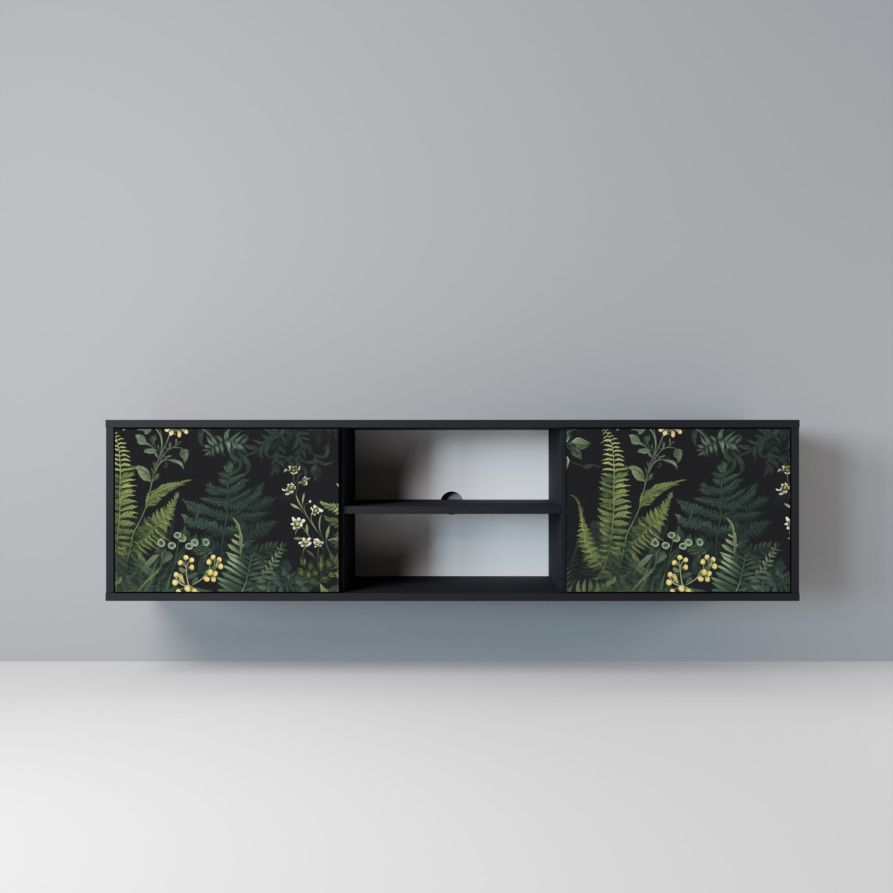 Mueble de TV de 2 puertas FERN FLOWERS con acabado negro