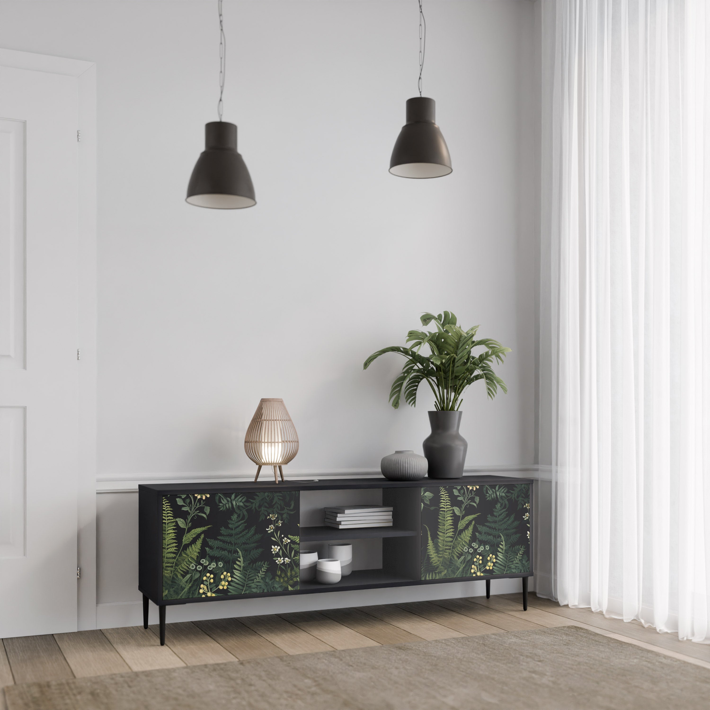Mueble de TV de 2 puertas FERN FLOWERS con acabado negro