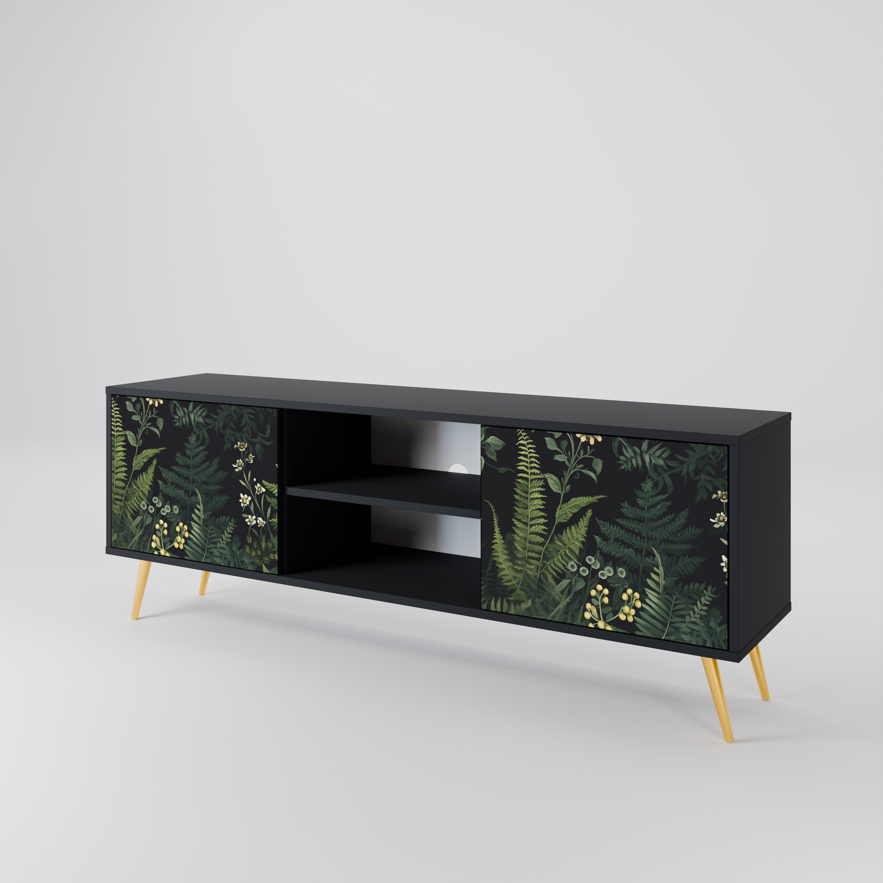 Mueble de TV de 2 puertas FERN FLOWERS con acabado negro