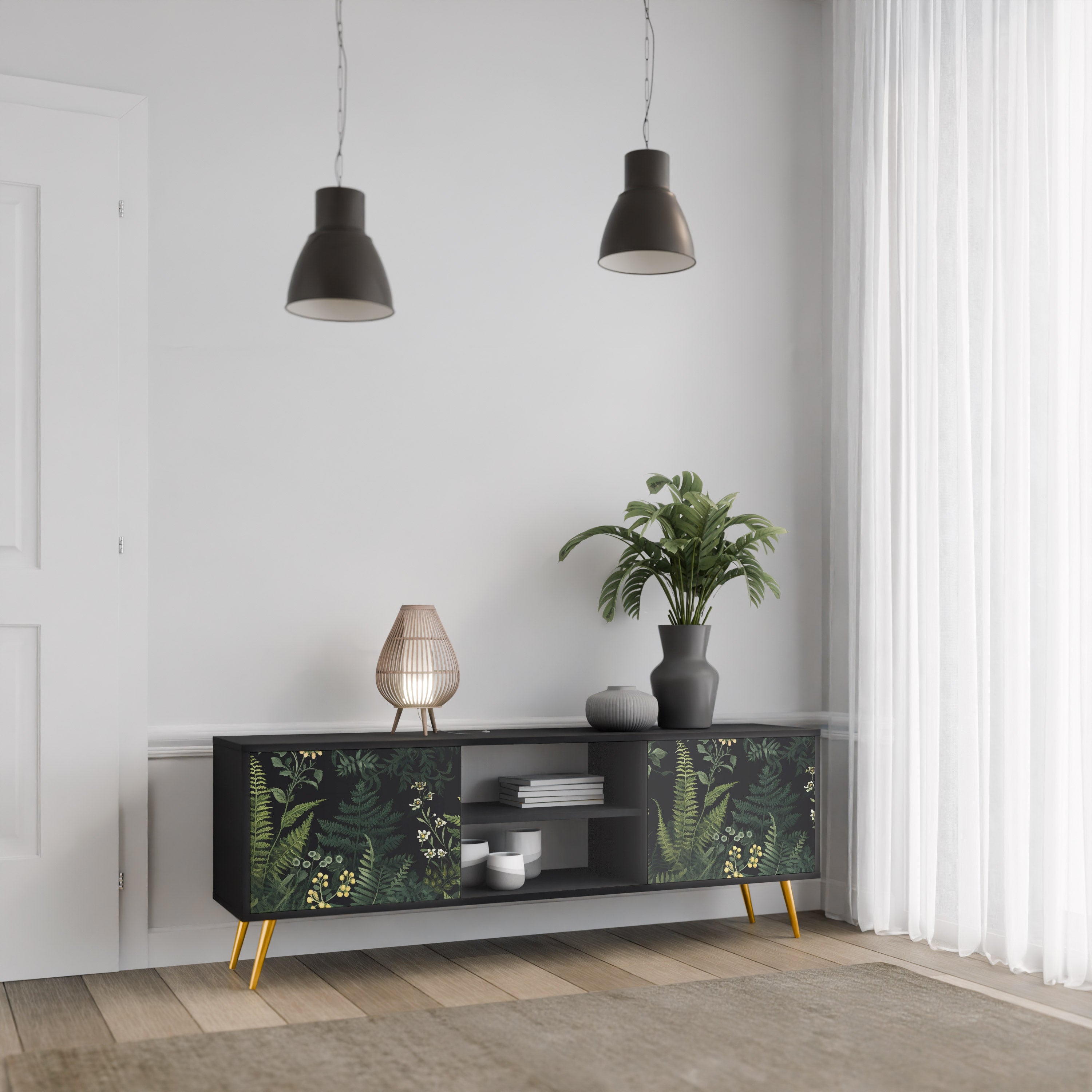 Mueble de TV de 2 puertas FERN FLOWERS con acabado negro