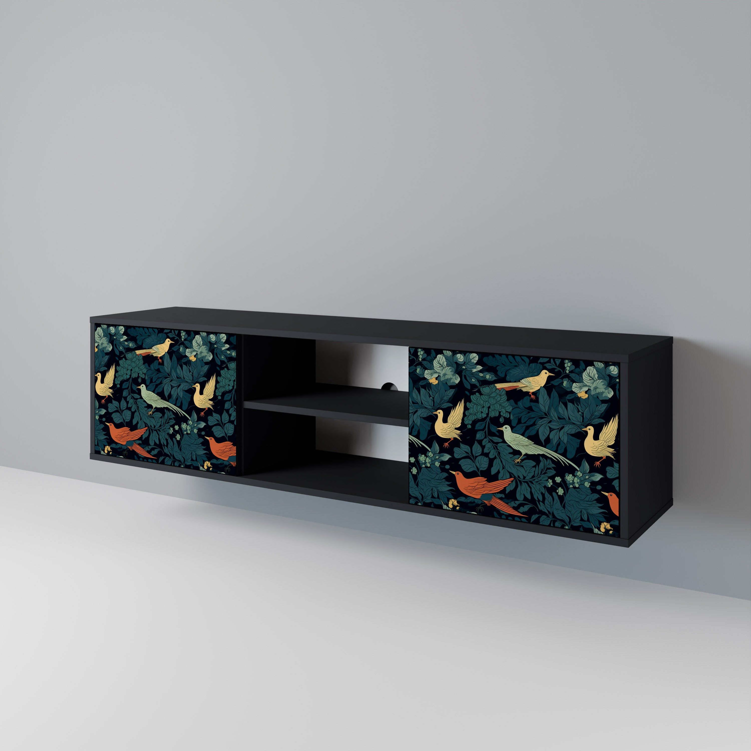 Mueble de TV de 2 puertas FOWL ORNAMENT con acabado negro