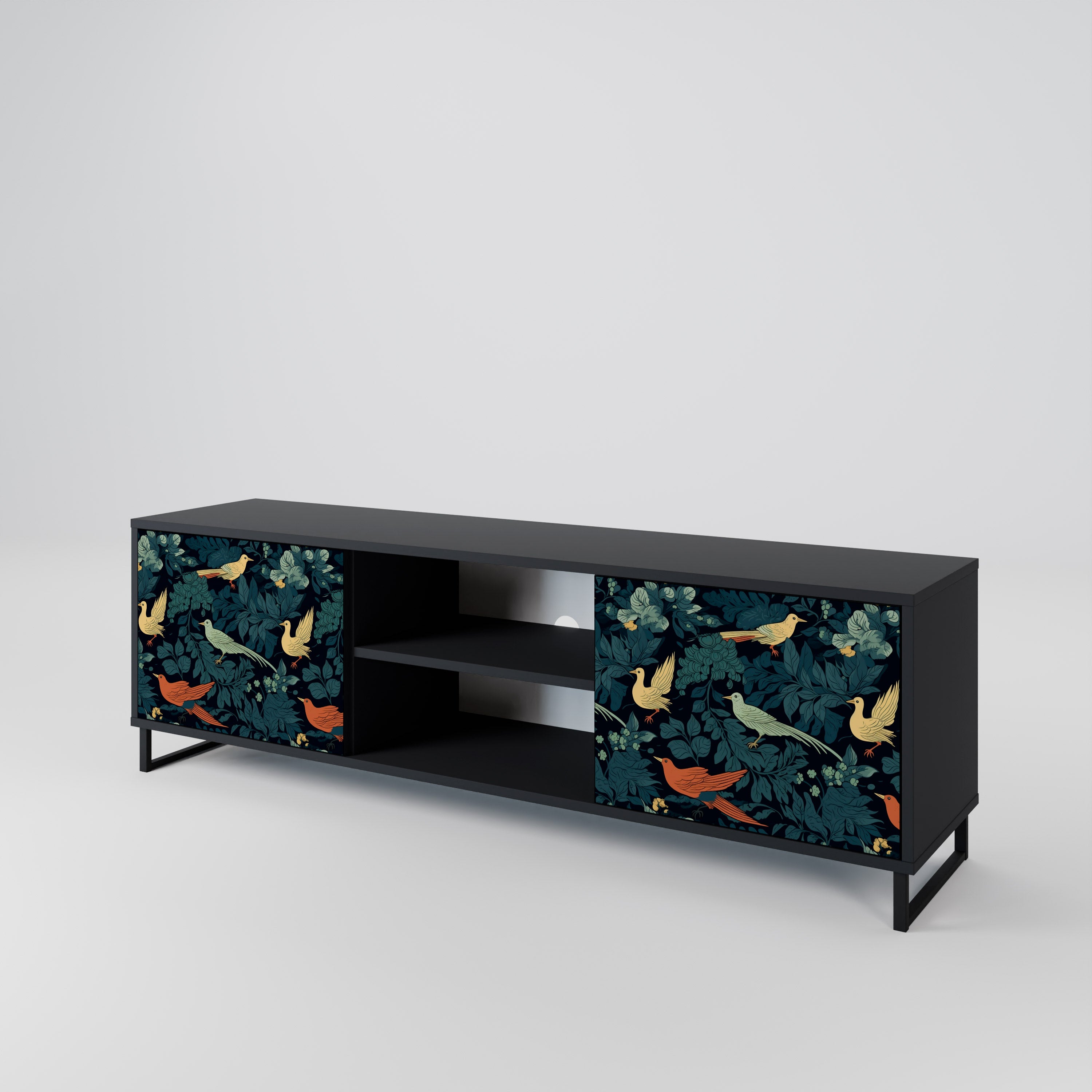 Mueble de TV de 2 puertas FOWL ORNAMENT con acabado negro