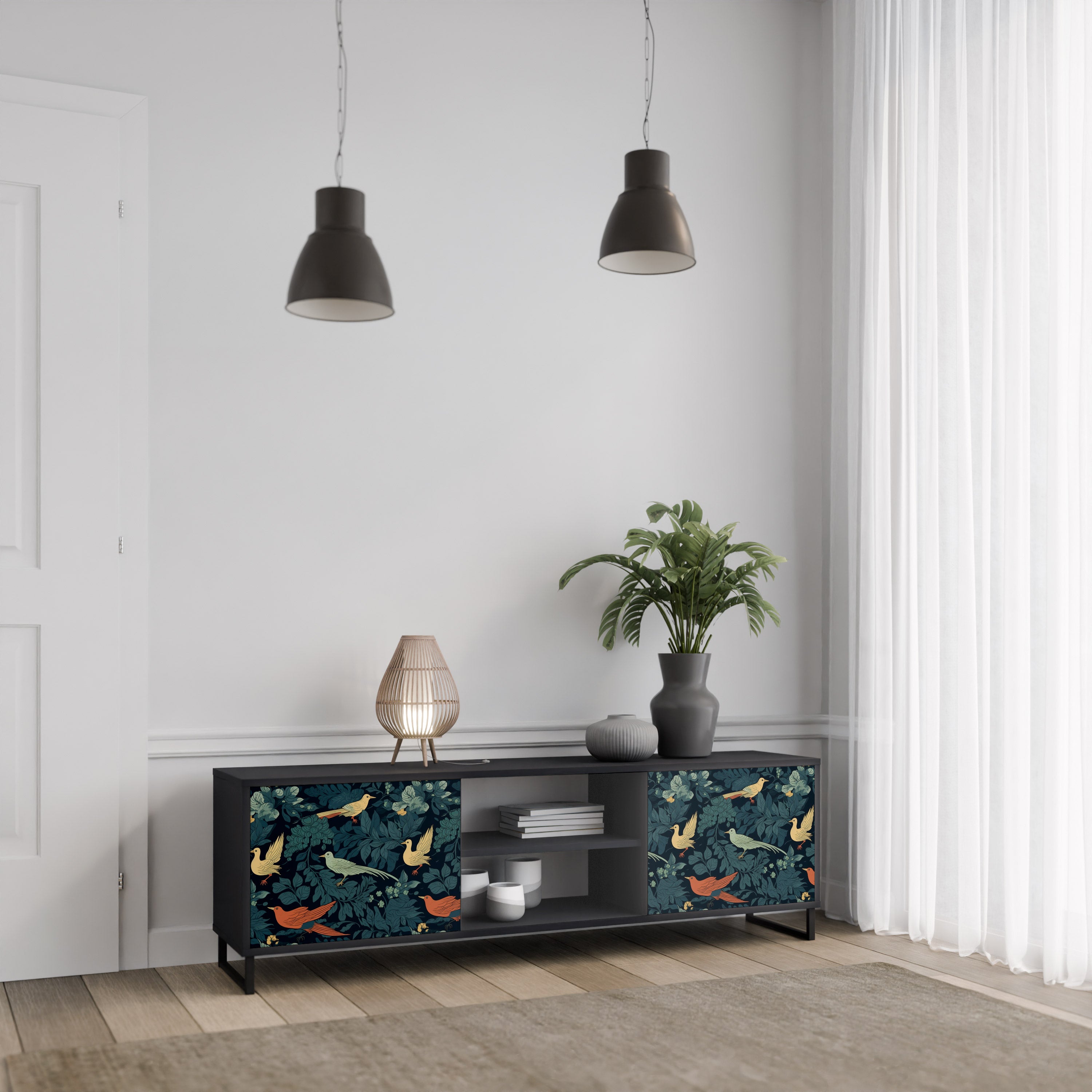 Mueble de TV de 2 puertas FOWL ORNAMENT con acabado negro