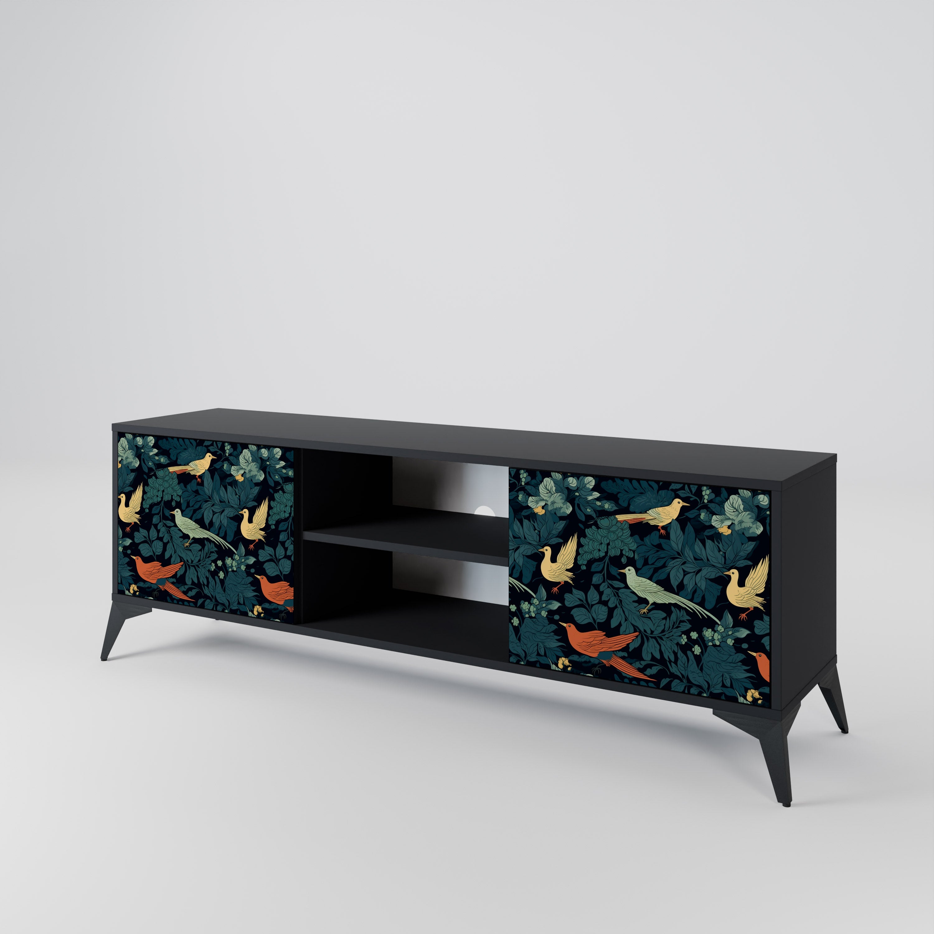 Mueble de TV de 2 puertas FOWL ORNAMENT con acabado negro