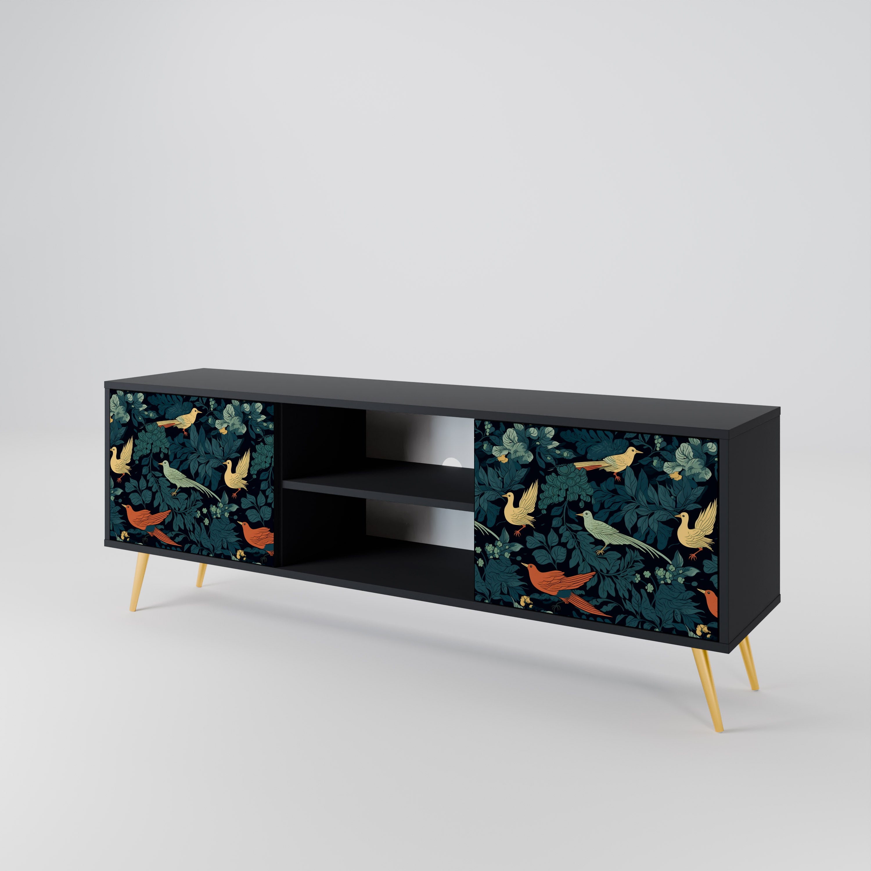Mueble de TV de 2 puertas FOWL ORNAMENT con acabado negro