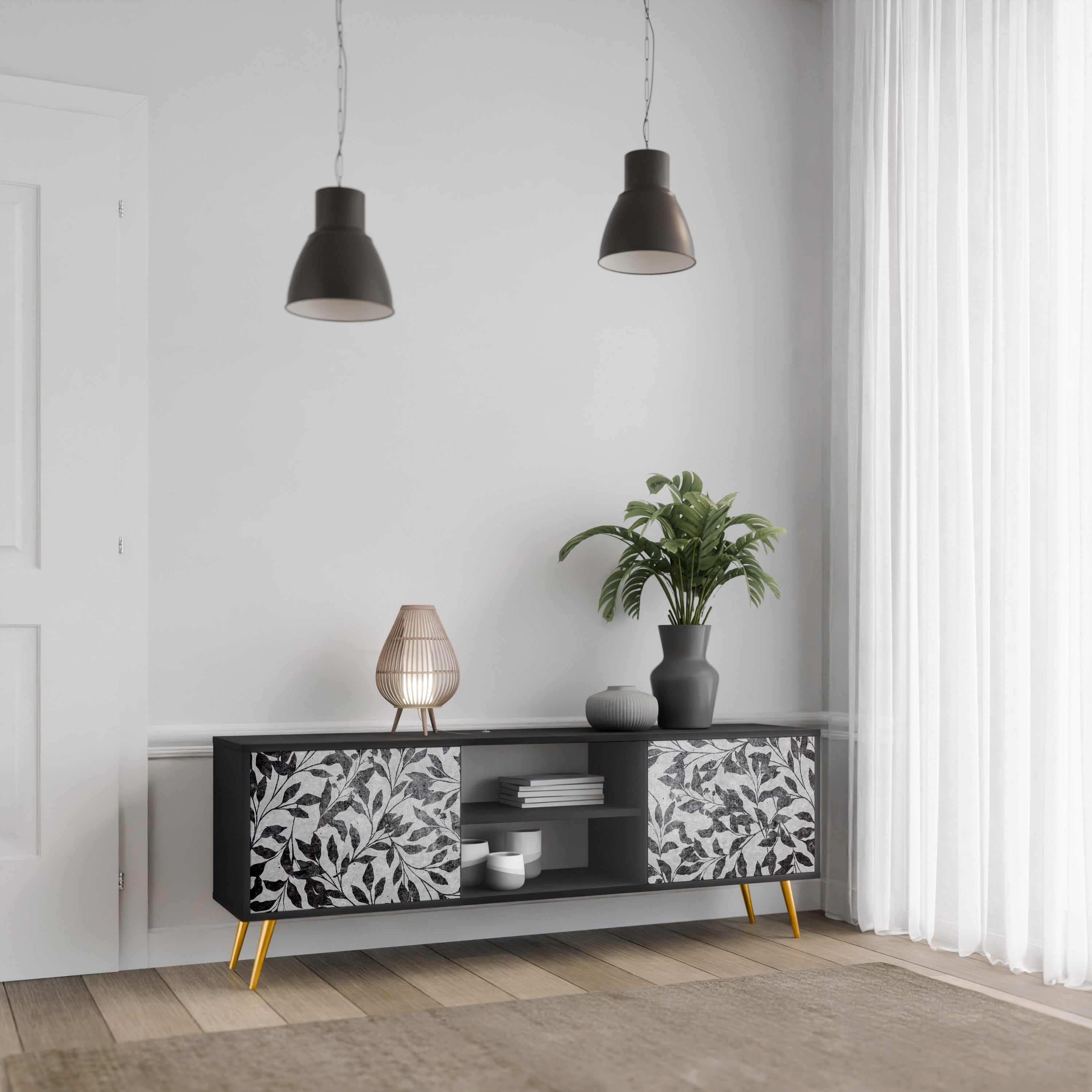 Mueble de TV de 2 puertas CHARCOAL SPROUT con acabado negro
