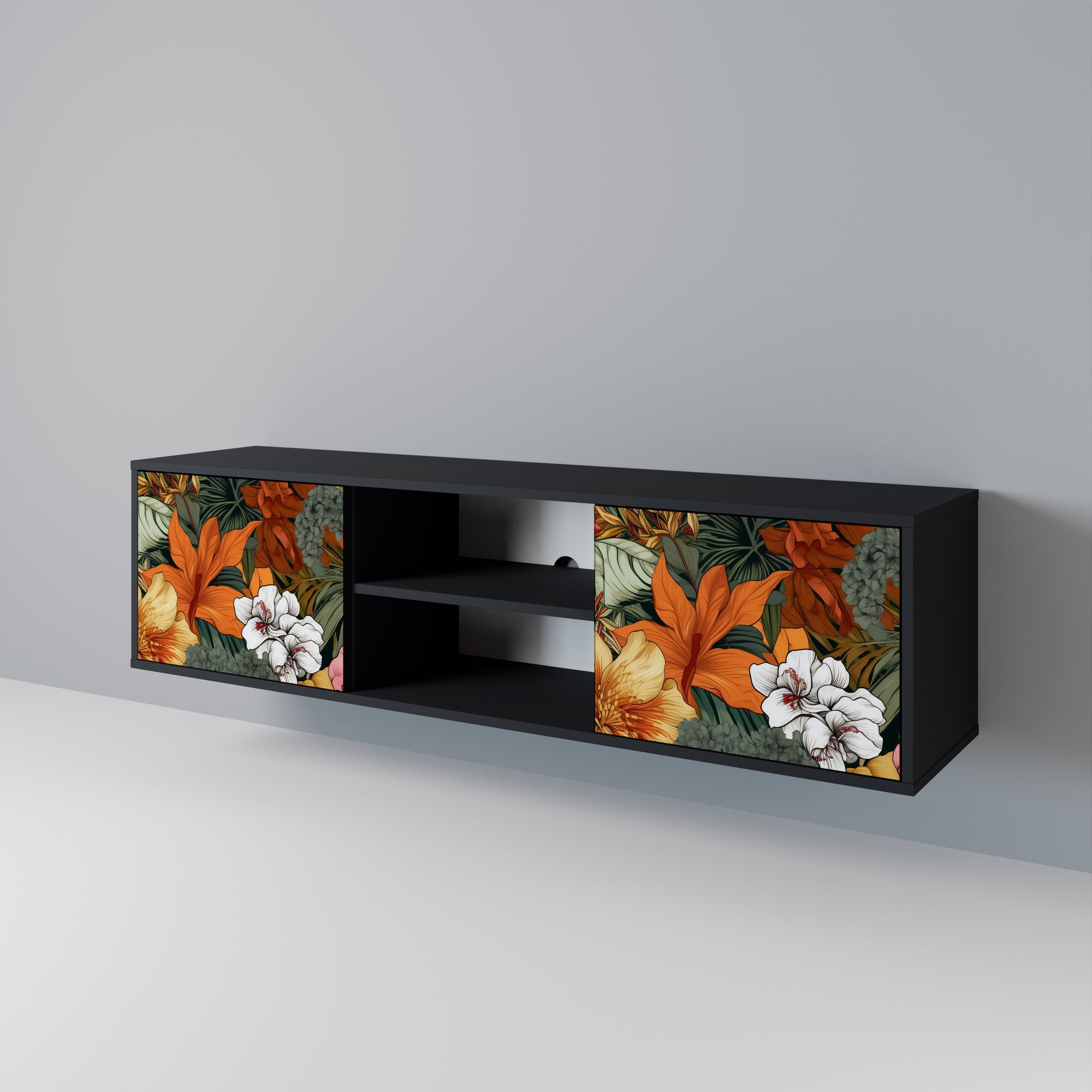 Mueble de TV de 2 puertas RADIANT FLORA en acabado negro