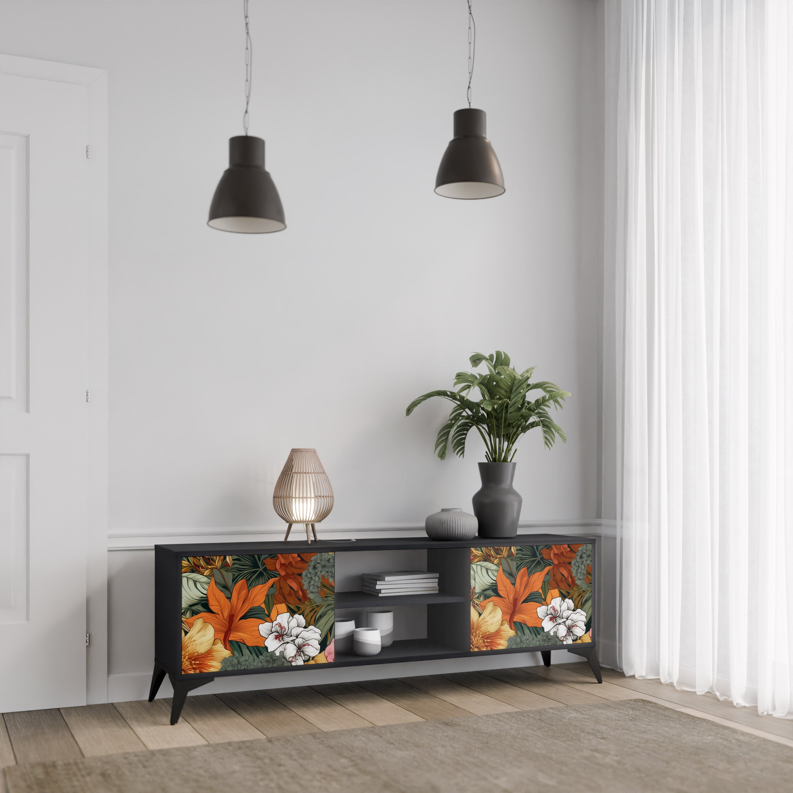 Mueble de TV de 2 puertas RADIANT FLORA en acabado negro