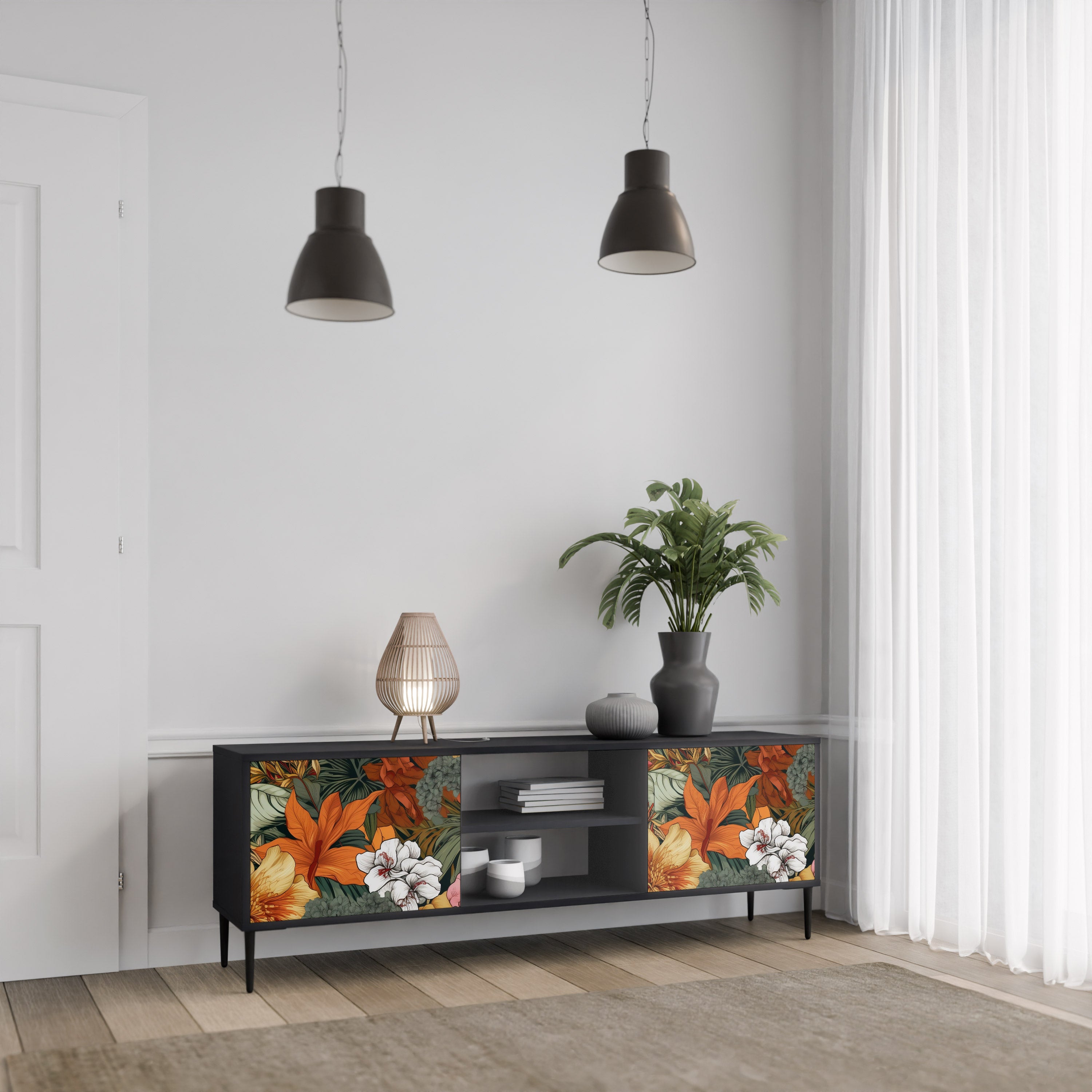 Mueble de TV de 2 puertas RADIANT FLORA en acabado negro