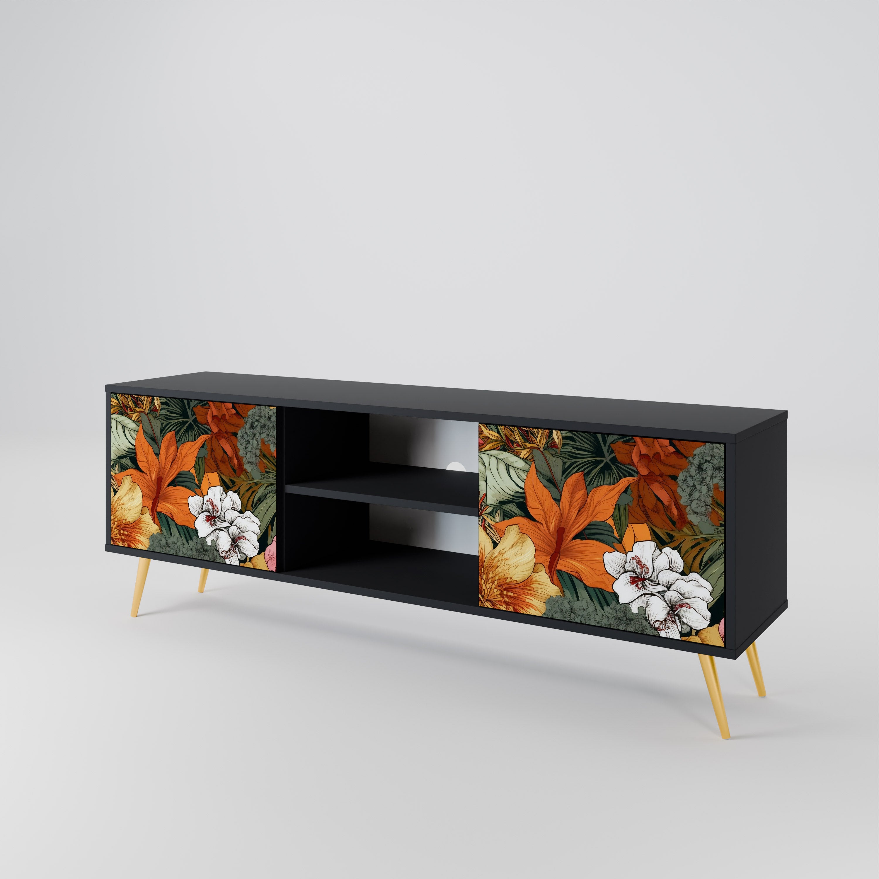 Mueble de TV de 2 puertas RADIANT FLORA en acabado negro