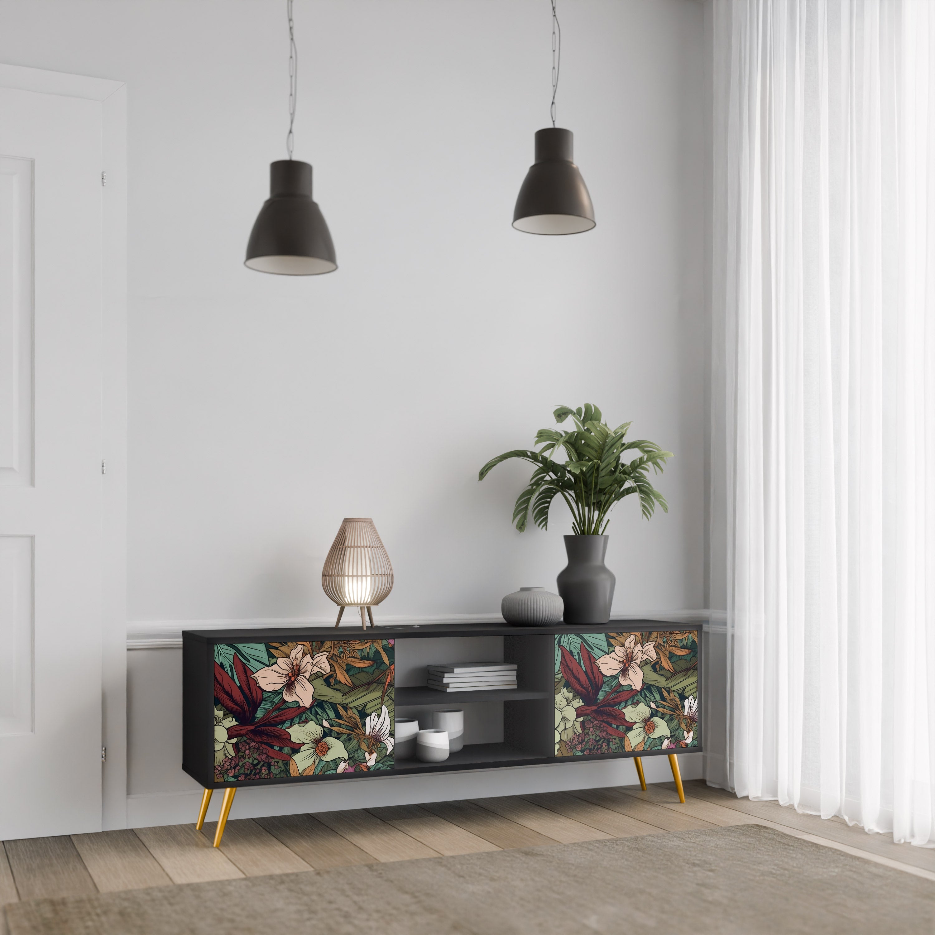 Mueble de TV de 2 puertas BOTANICAL EMERGENCE en acabado negro