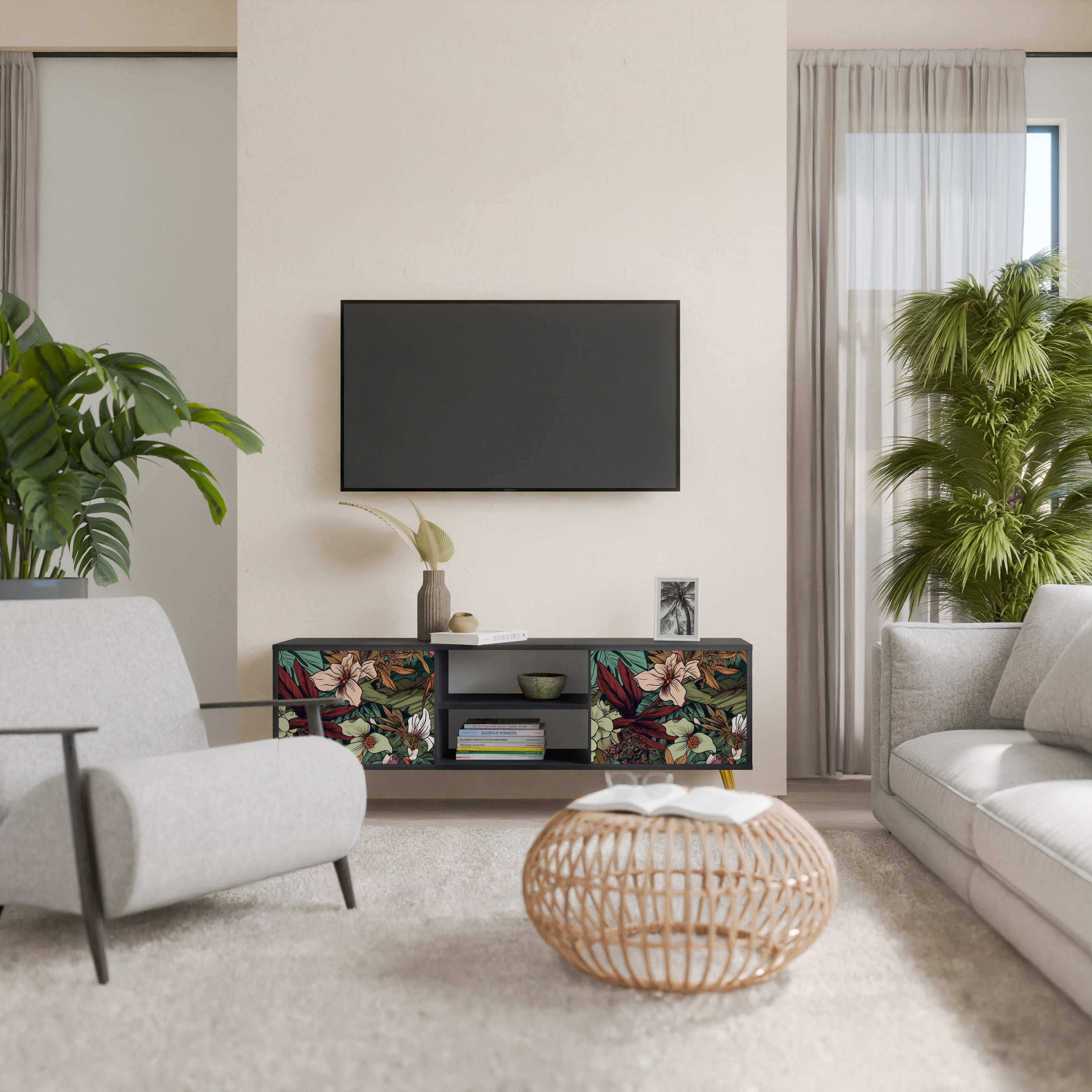 Mueble de TV de 2 puertas BOTANICAL EMERGENCE en acabado negro