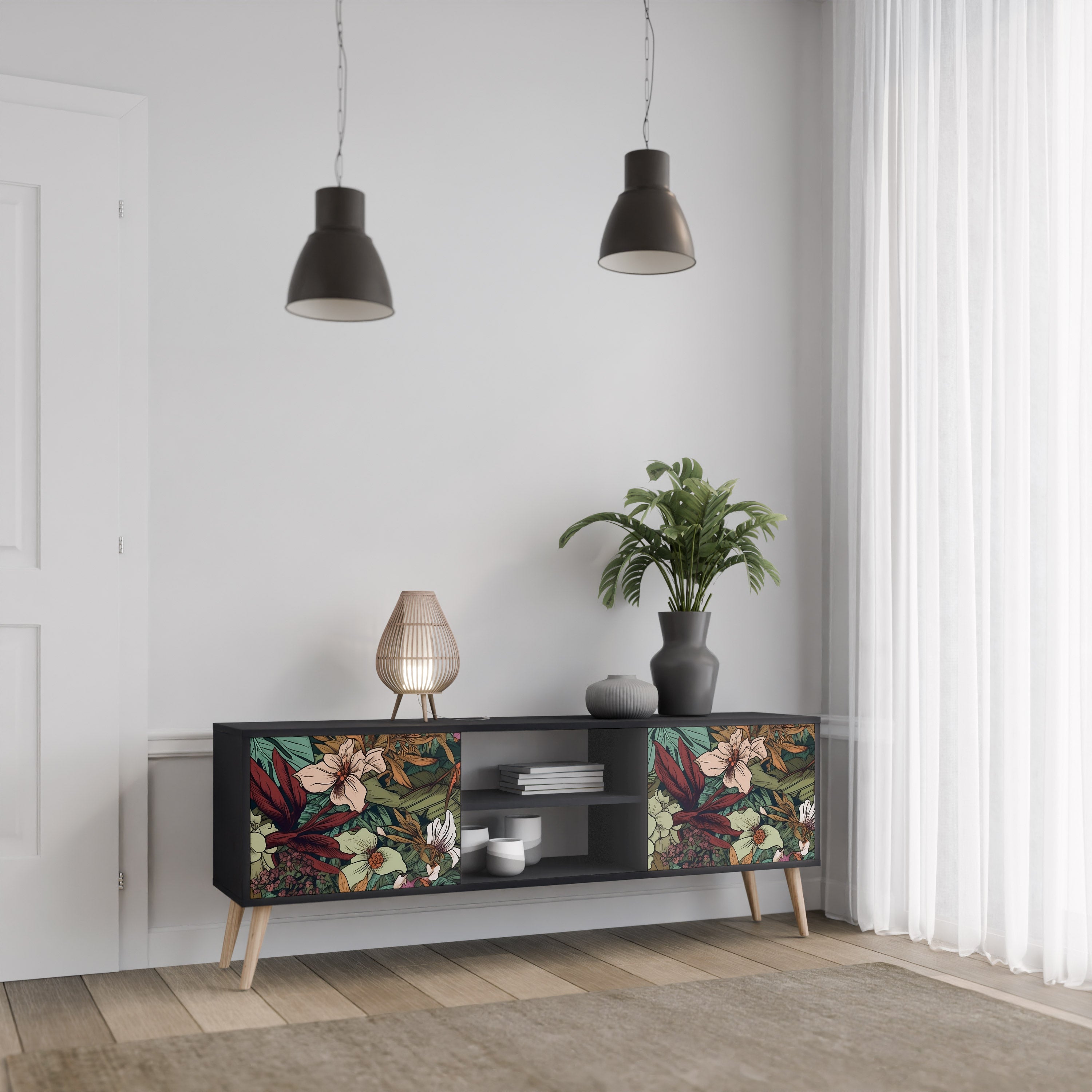 Mueble de TV de 2 puertas BOTANICAL EMERGENCE en acabado negro