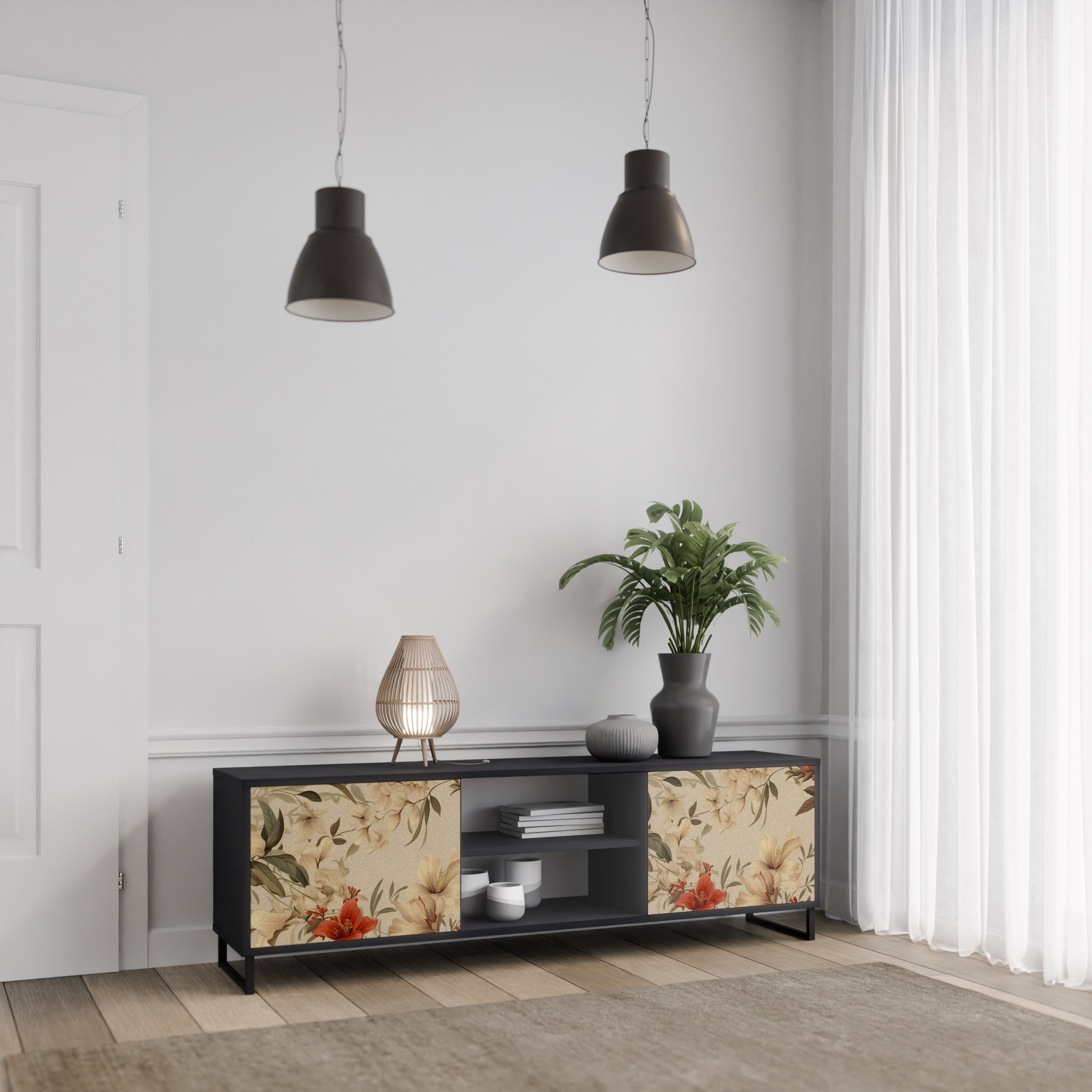 Mueble de TV de 2 puertas BLOOMING HARMONY en acabado negro