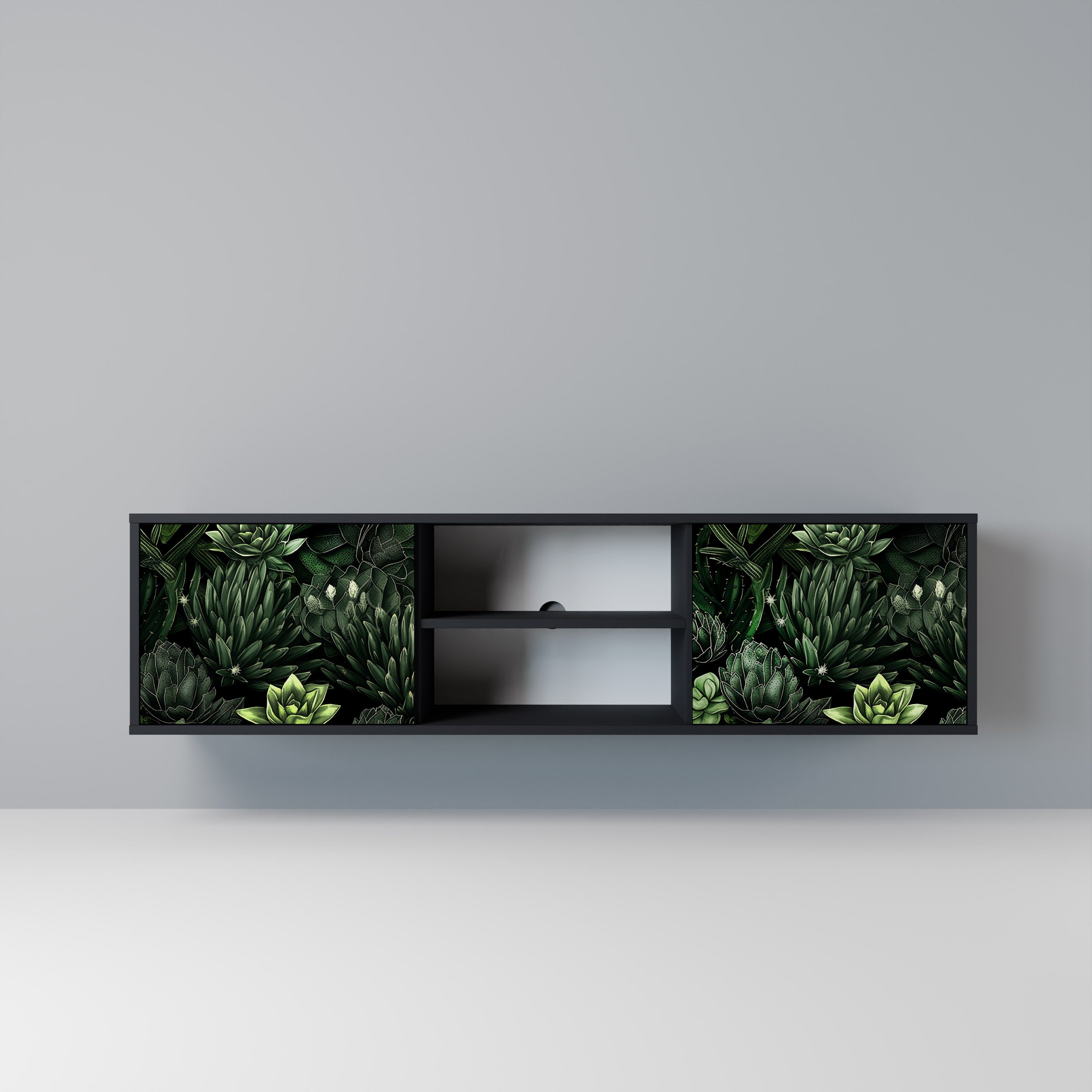 Mueble de TV de 2 puertas SUCCULENT JUNGLE con acabado negro
