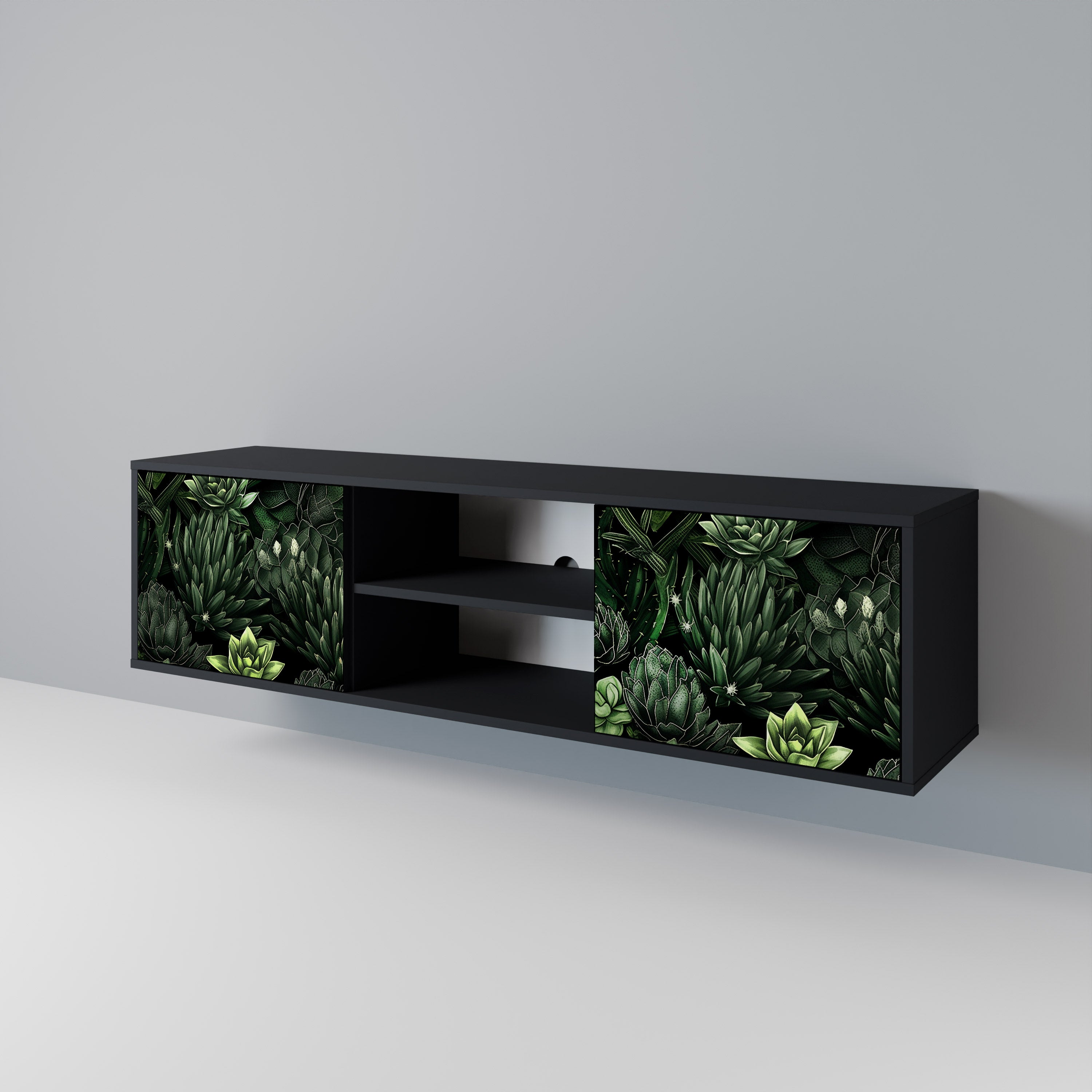 Mueble de TV de 2 puertas SUCCULENT JUNGLE con acabado negro
