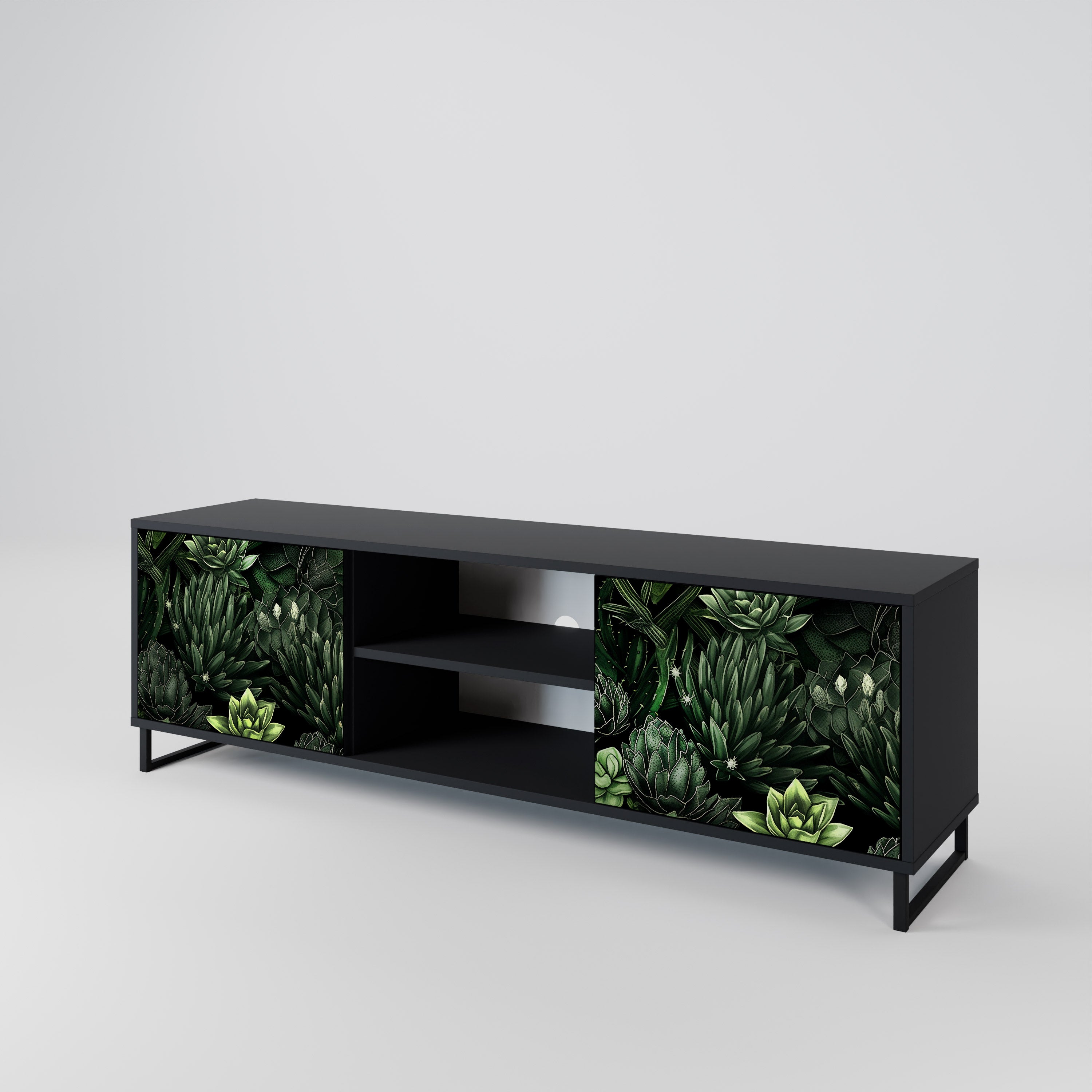 Mueble de TV de 2 puertas SUCCULENT JUNGLE con acabado negro