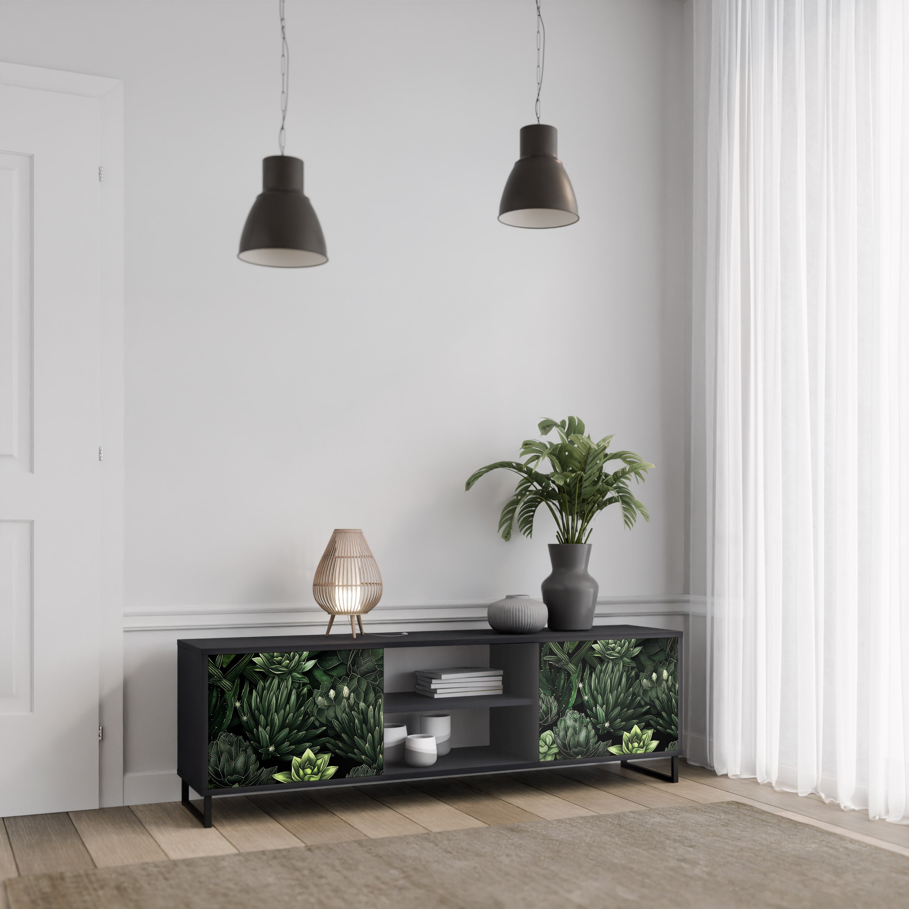 Mueble de TV de 2 puertas SUCCULENT JUNGLE con acabado negro