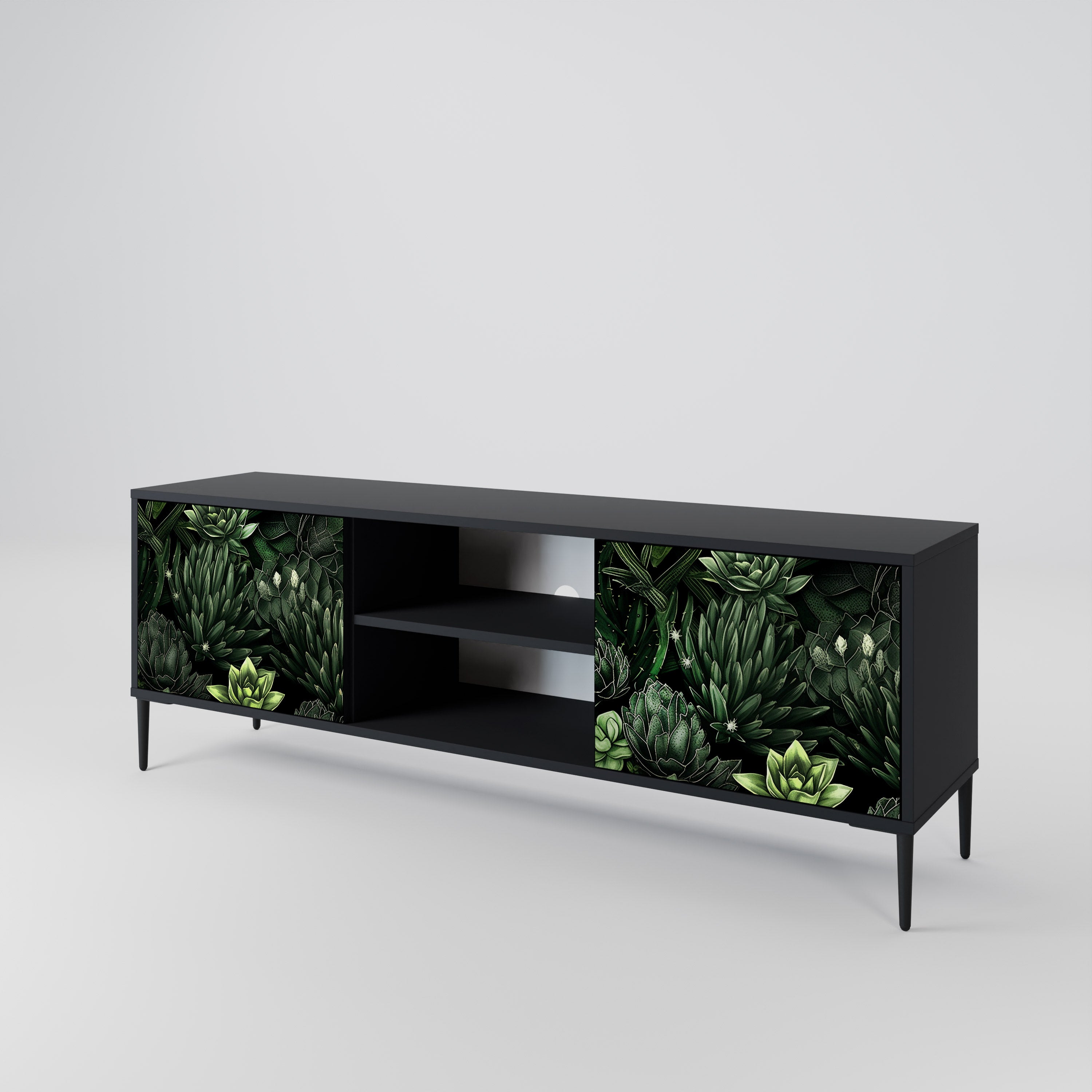 Mueble de TV de 2 puertas SUCCULENT JUNGLE con acabado negro