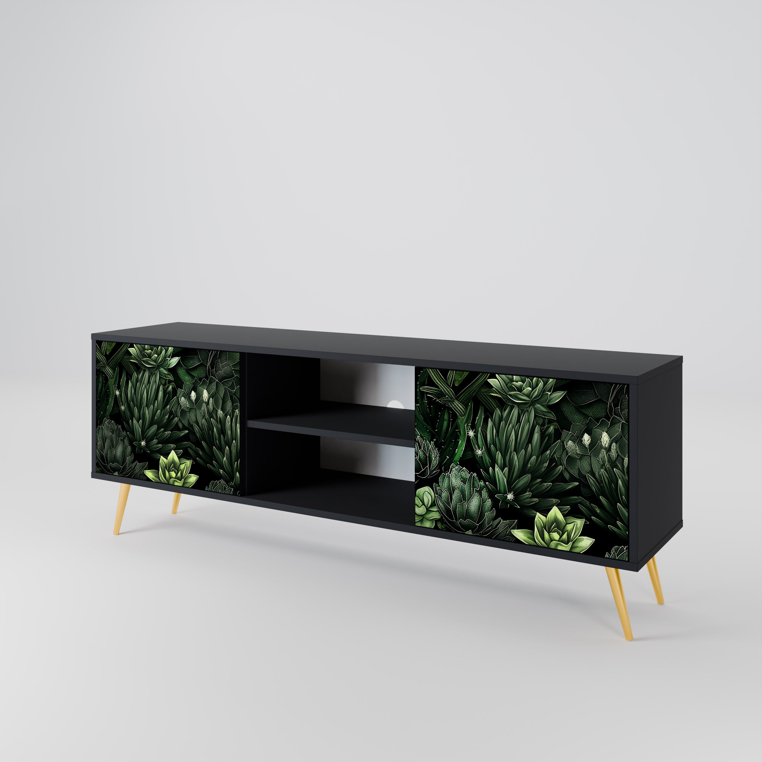 Mueble de TV de 2 puertas SUCCULENT JUNGLE con acabado negro