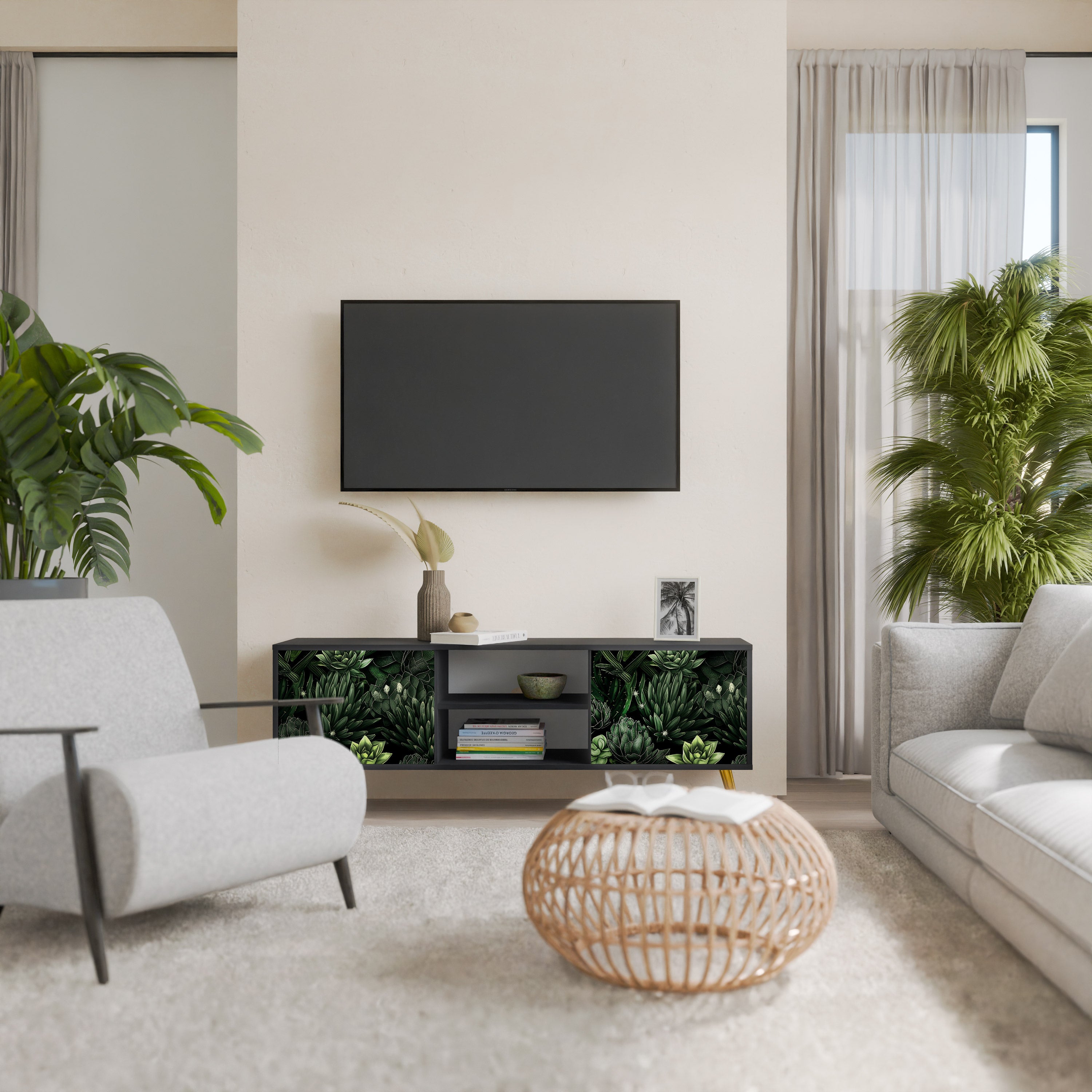 Mueble de TV de 2 puertas SUCCULENT JUNGLE con acabado negro