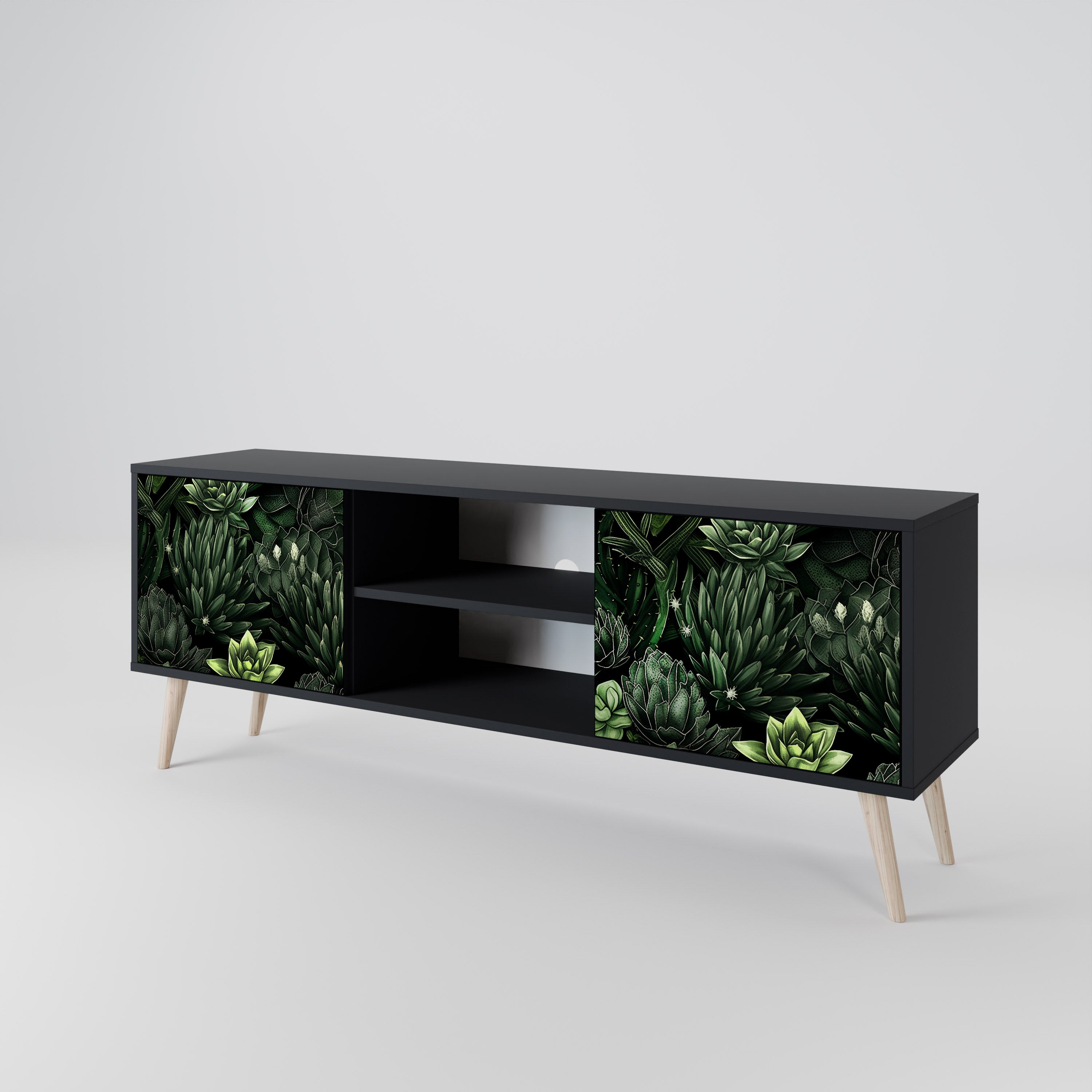 Mueble de TV de 2 puertas SUCCULENT JUNGLE con acabado negro