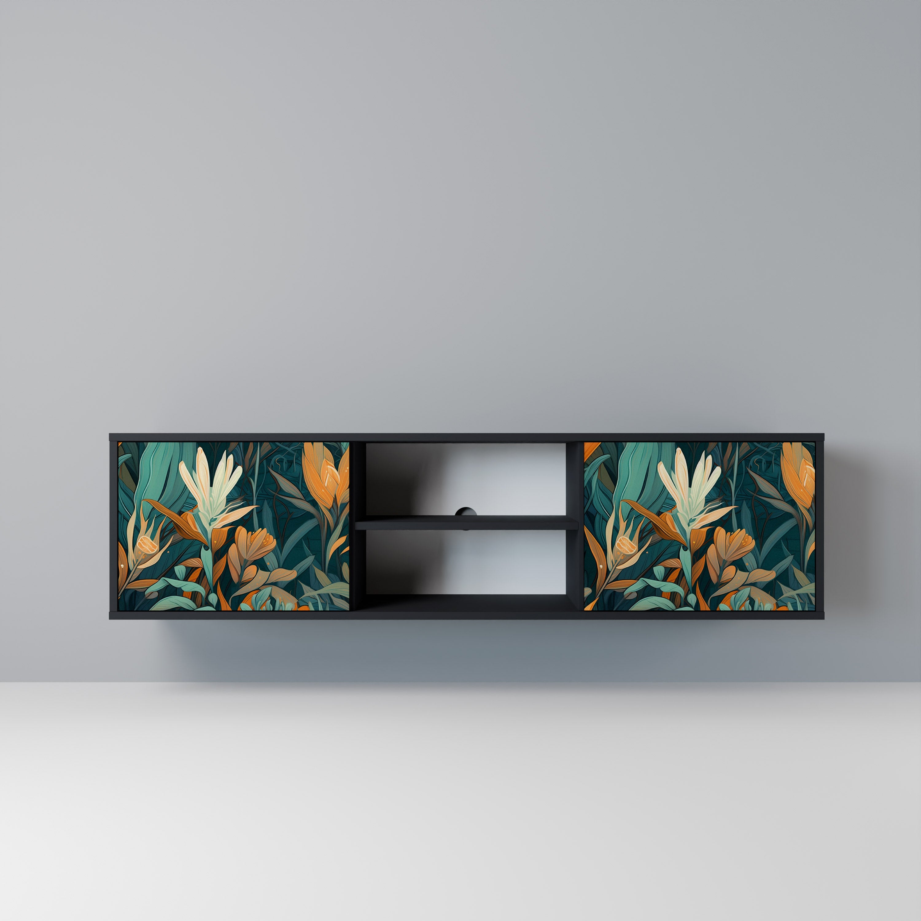 Mueble de TV de 2 puertas FLORAL SERENITY en acabado negro