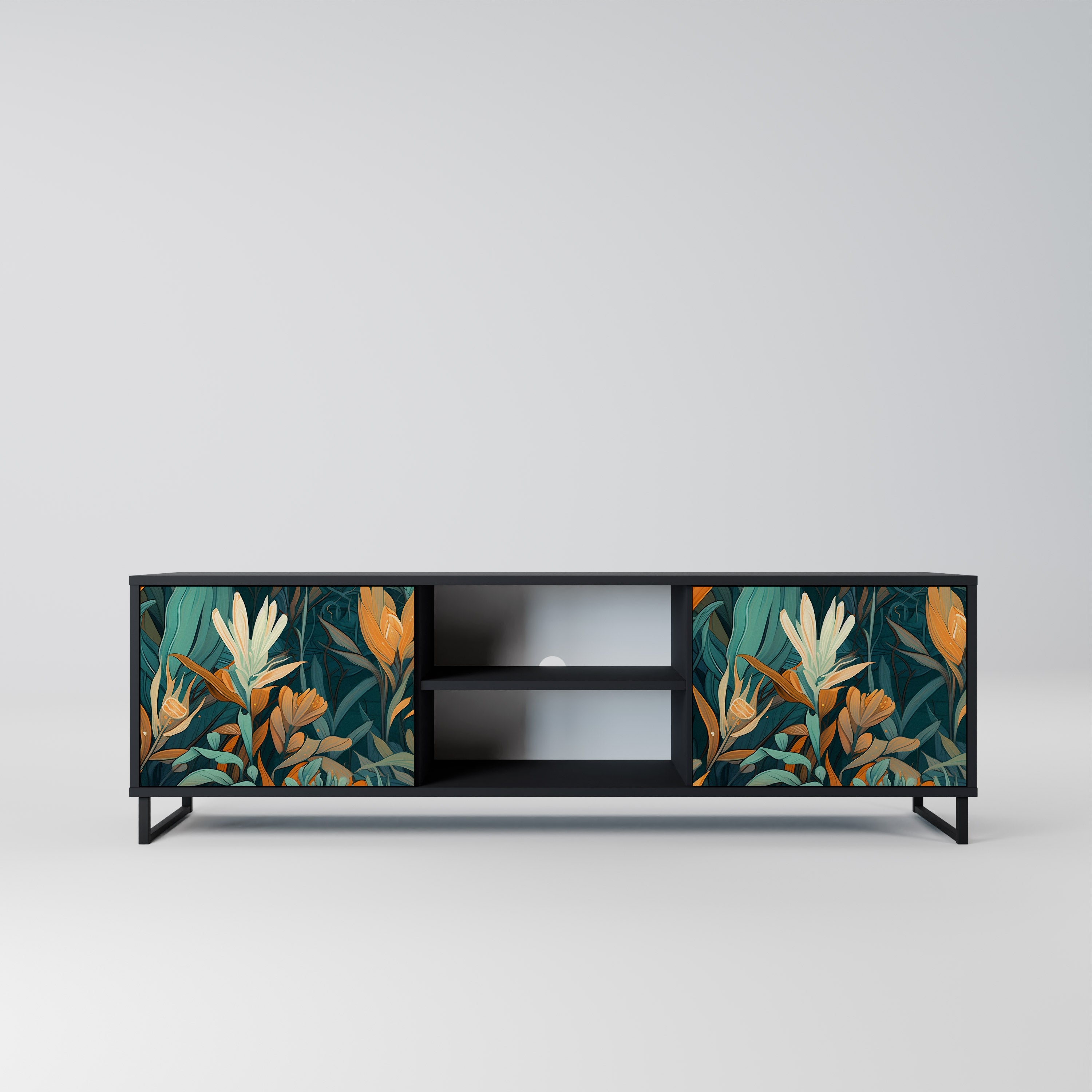 Mueble de TV de 2 puertas FLORAL SERENITY en acabado negro