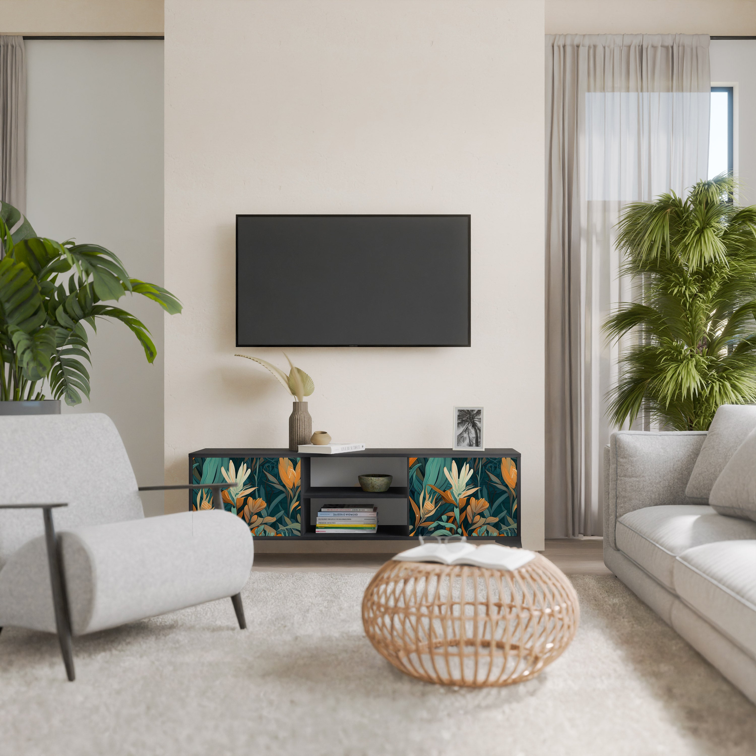 Mueble de TV de 2 puertas FLORAL SERENITY en acabado negro