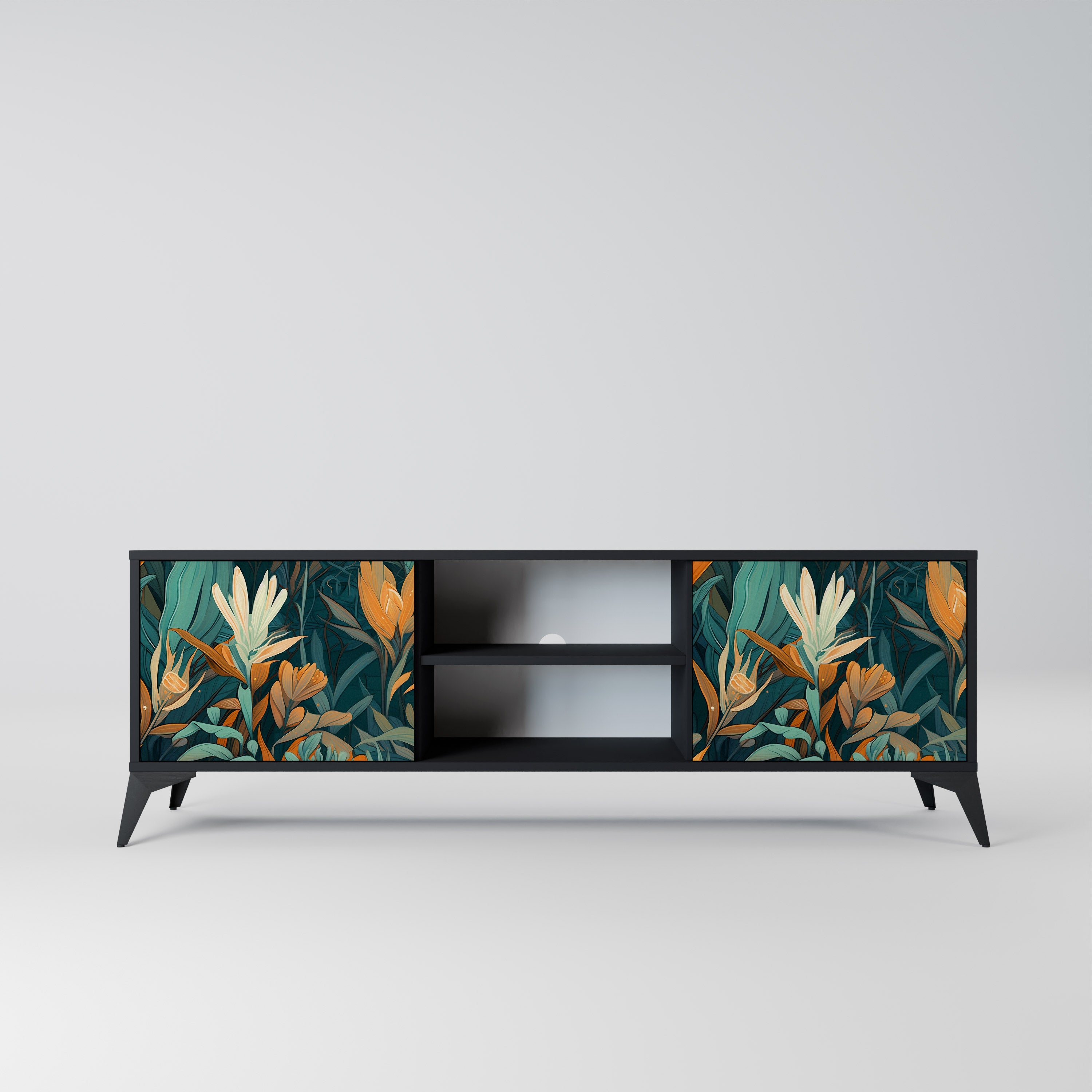 Mueble de TV de 2 puertas FLORAL SERENITY en acabado negro