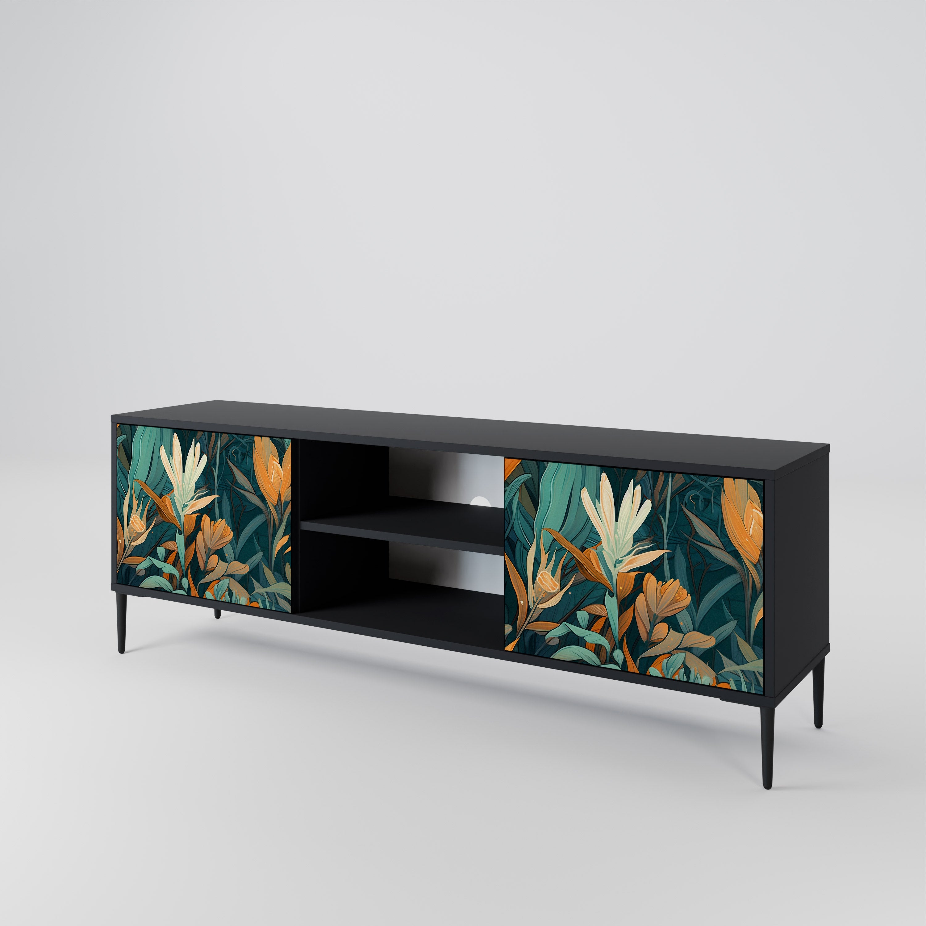 Mueble de TV de 2 puertas FLORAL SERENITY en acabado negro