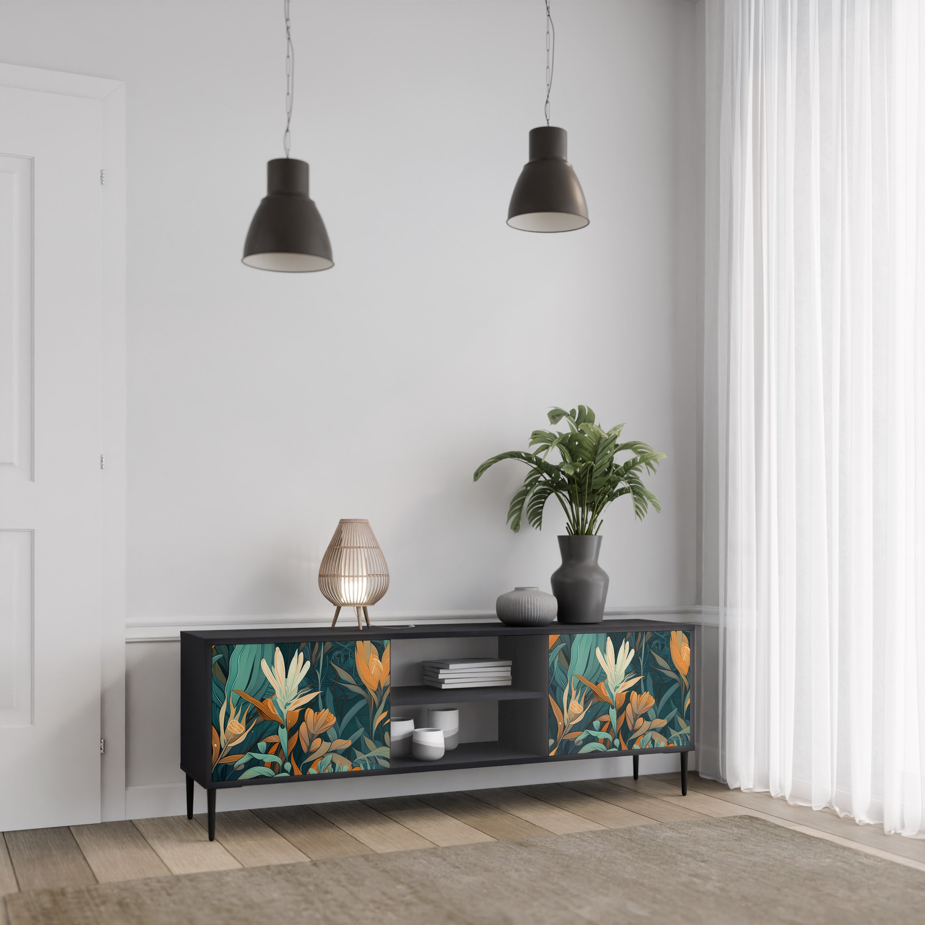 Mueble de TV de 2 puertas FLORAL SERENITY en acabado negro