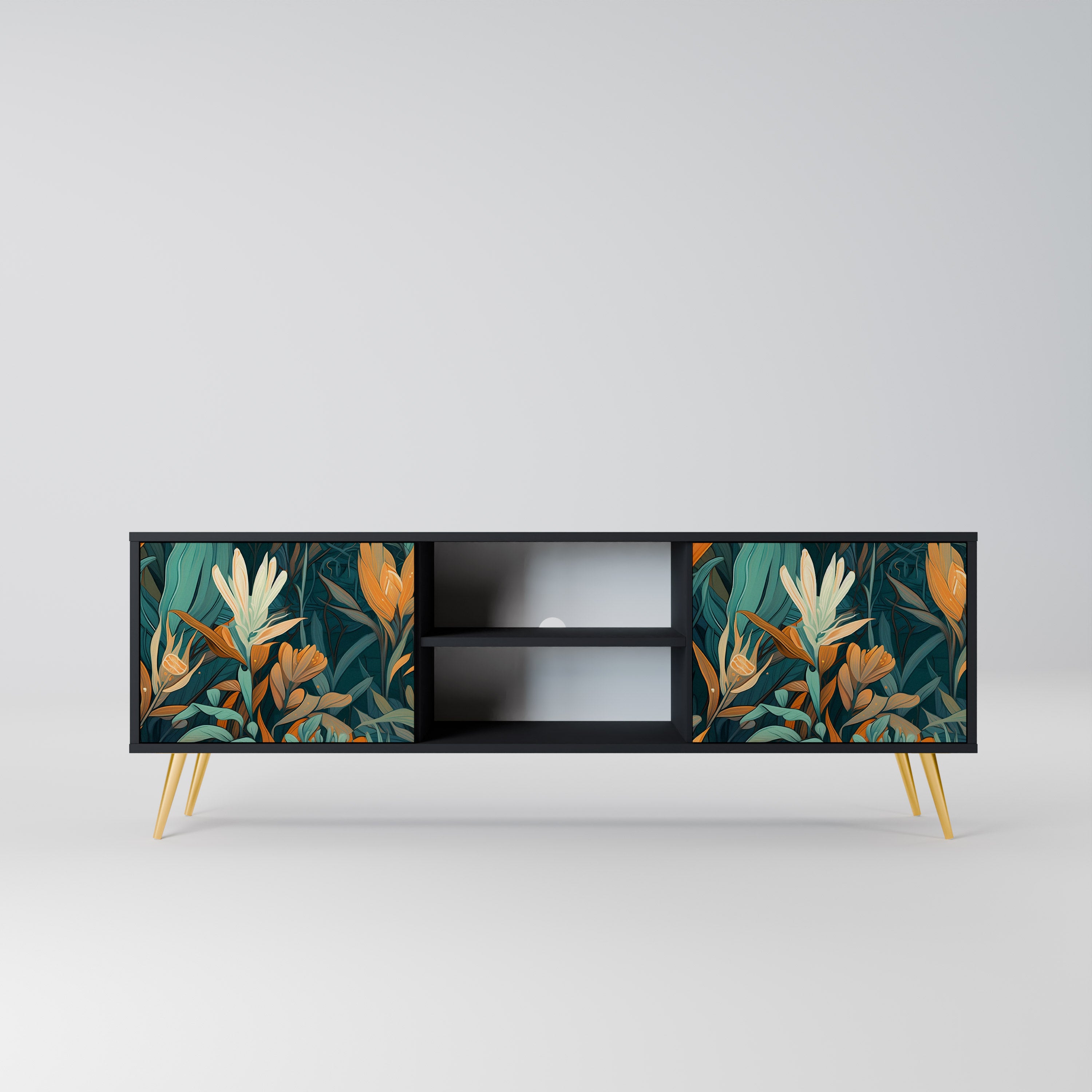 Mueble de TV de 2 puertas FLORAL SERENITY en acabado negro