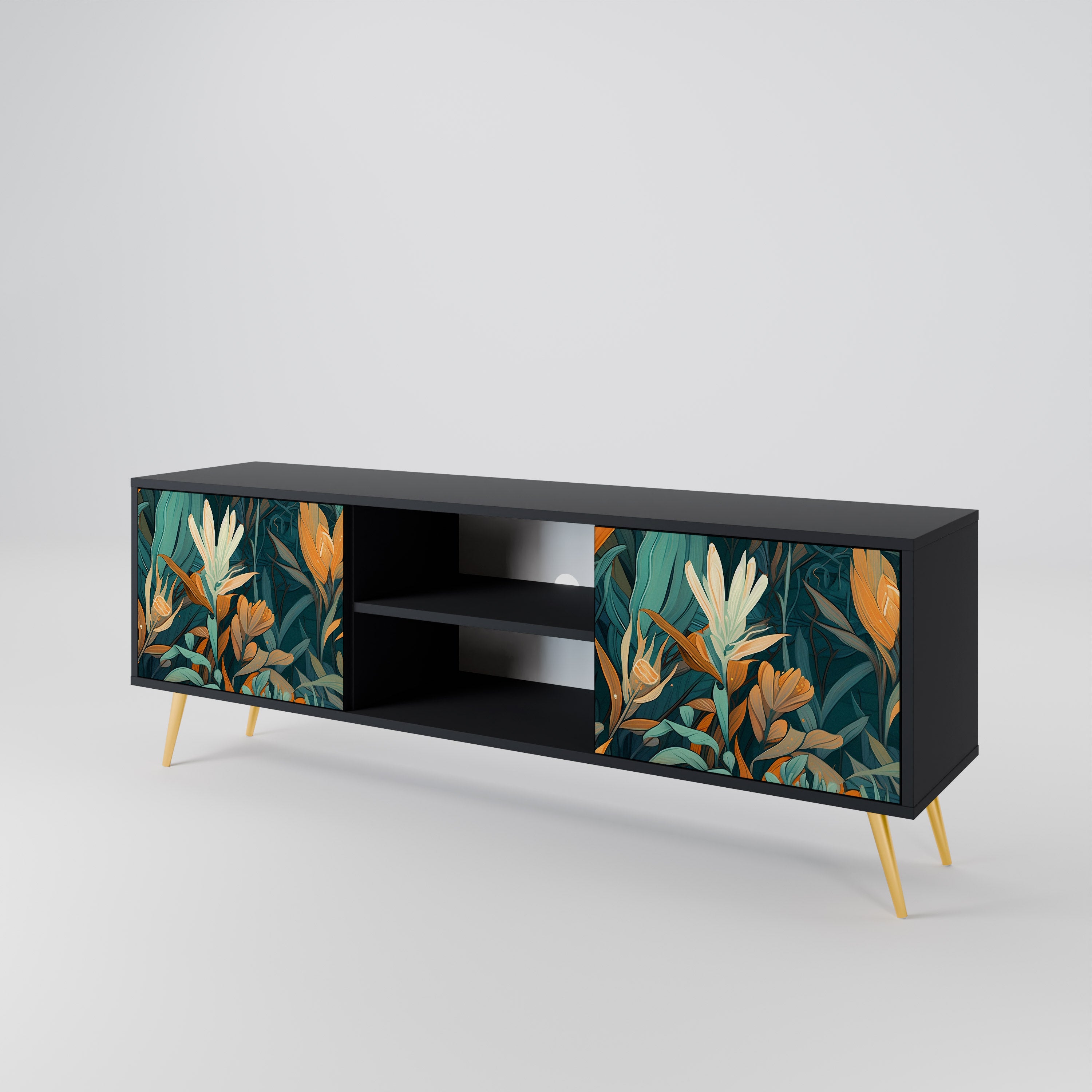 Mueble de TV de 2 puertas FLORAL SERENITY en acabado negro