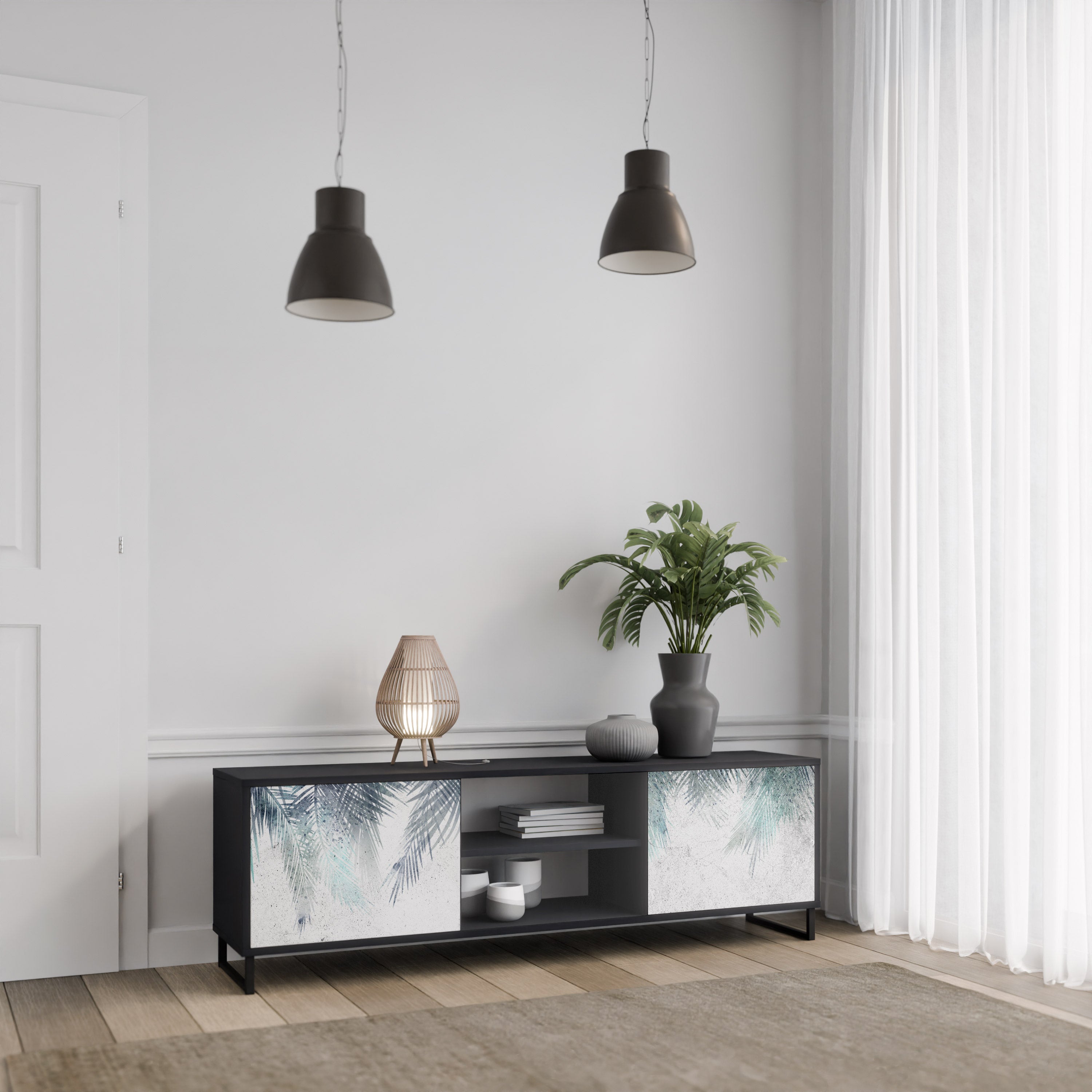 Mueble de TV de 2 puertas PALM VEIL con acabado negro