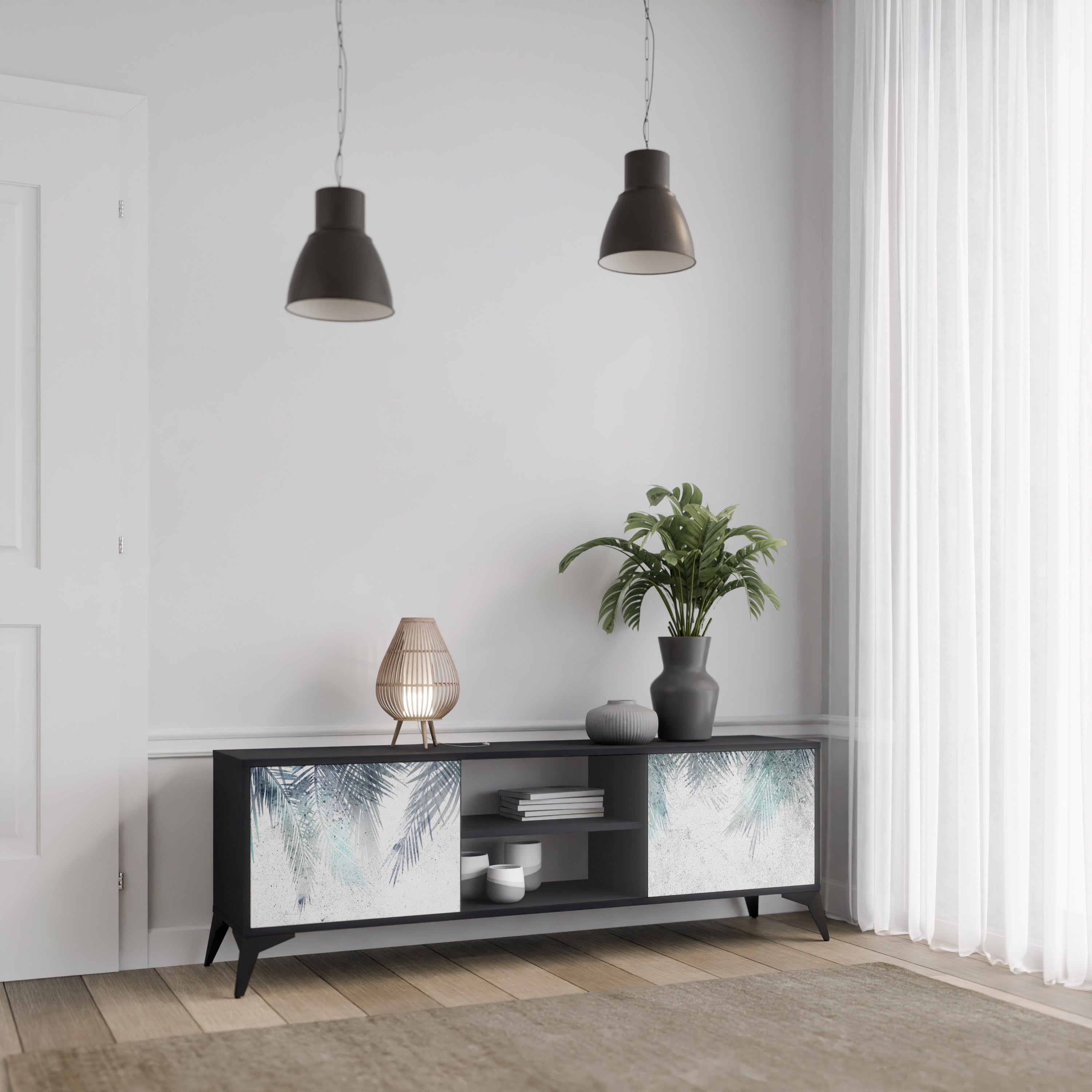 Mueble de TV de 2 puertas PALM VEIL con acabado negro