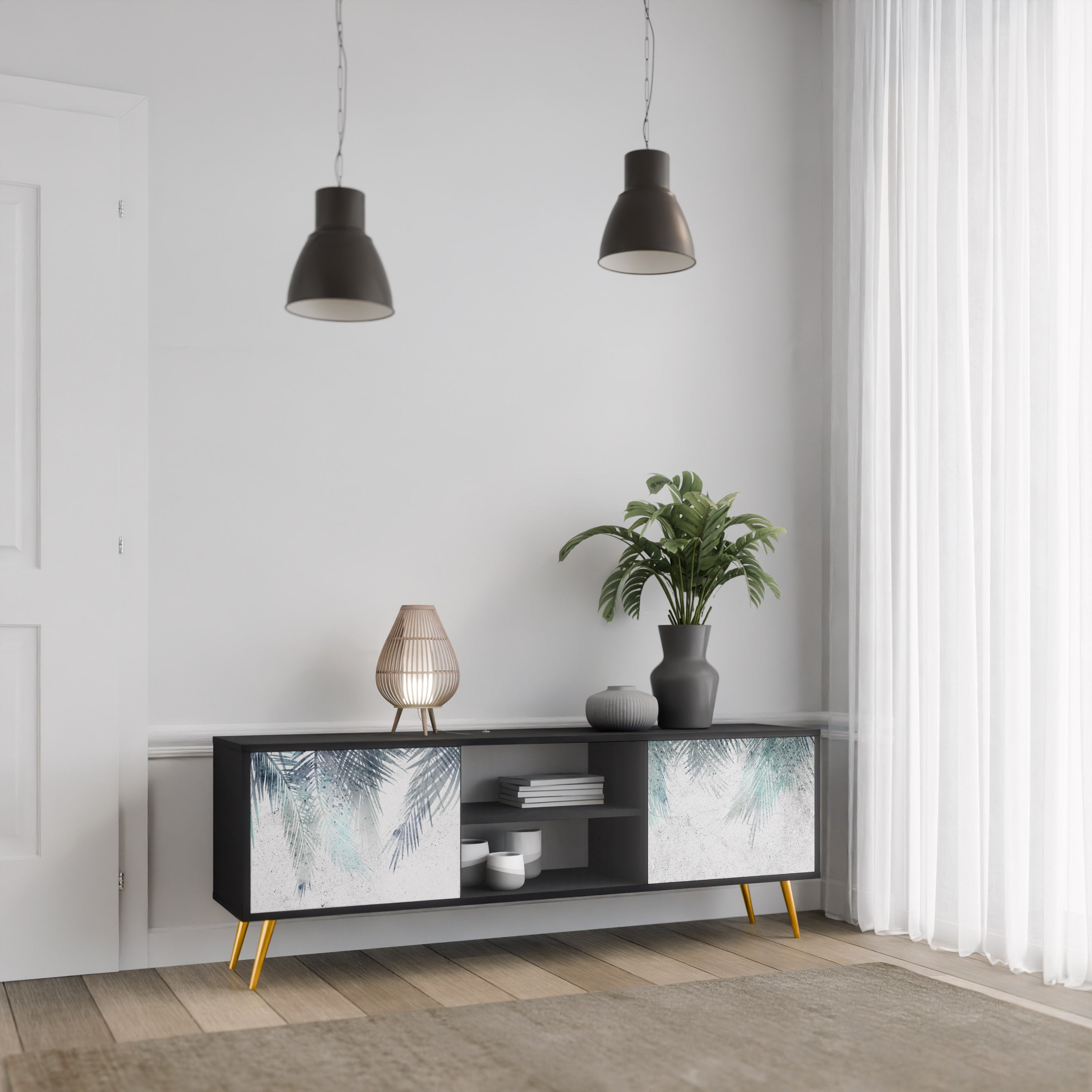 Mueble de TV de 2 puertas PALM VEIL con acabado negro