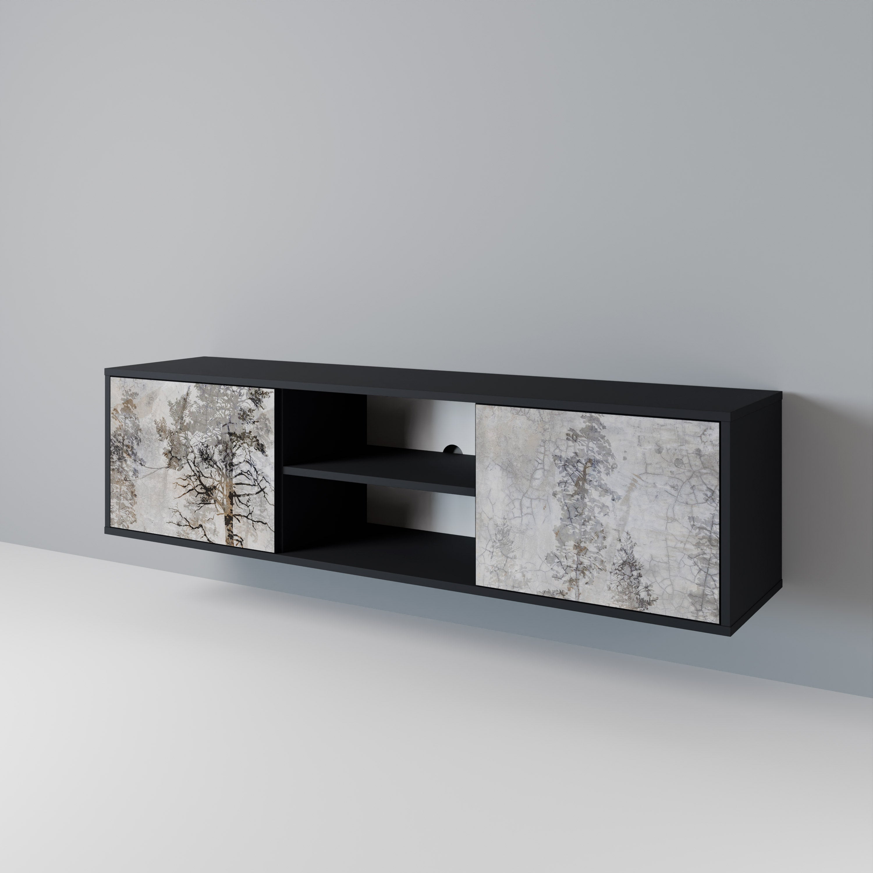 Mueble de TV de 2 puertas FADE IN THE TREES con acabado negro